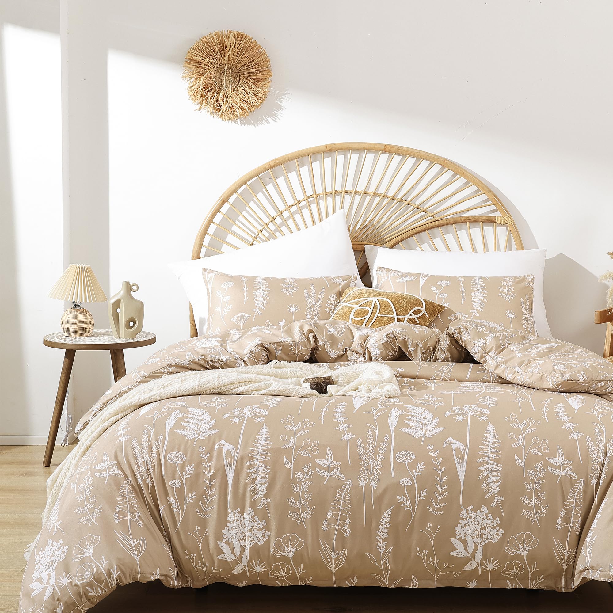 Janzaa Queen Comforter Set Taupe Comforter,3 Pcs Bedding Sets Floral Comforter Set Plant Flowers Printed On Lightweight Comforte