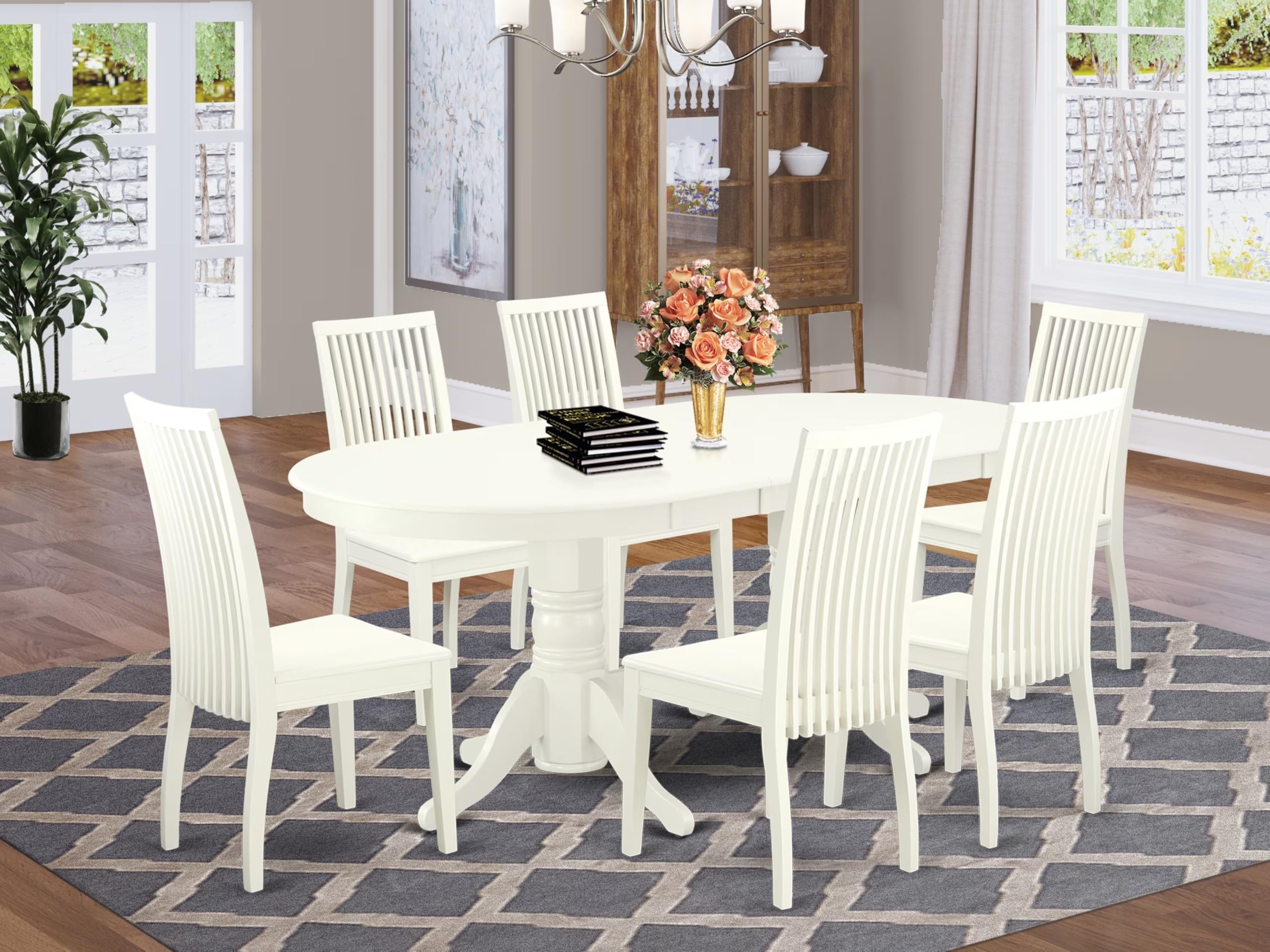 East West Furniture Vaip7-Lwh-W 7 Piece Kitchen Table Set Consist Of An Oval Dining Table With Butterfly Leaf And 6 Dining Room Chairs, 40X76 Inch, Linen White