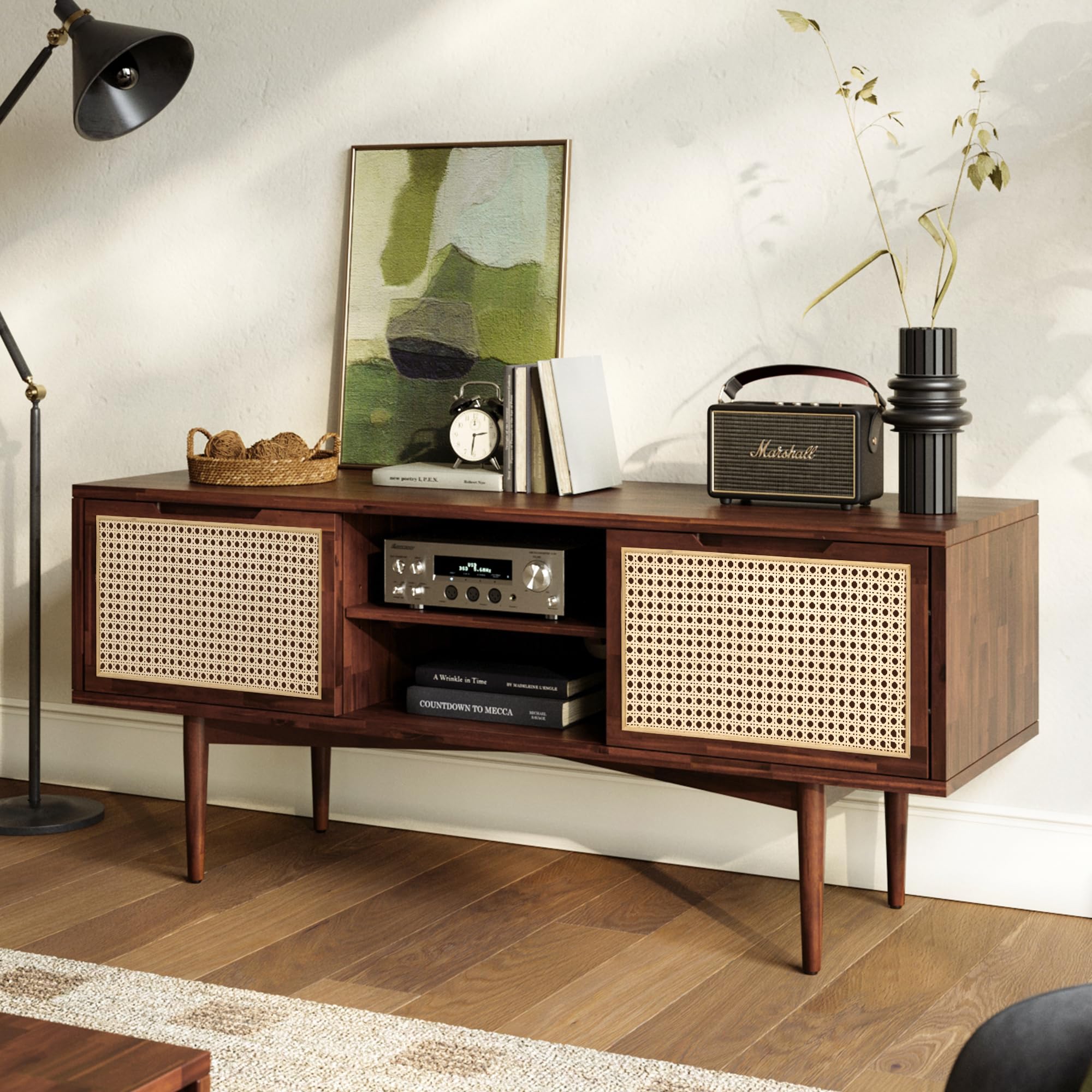 Bme Oliver Modern Solid Wood TV Stand for 55-Inch TVs - Rattan Door Media Console with Storage, Fluted Entertainment Cabinet for