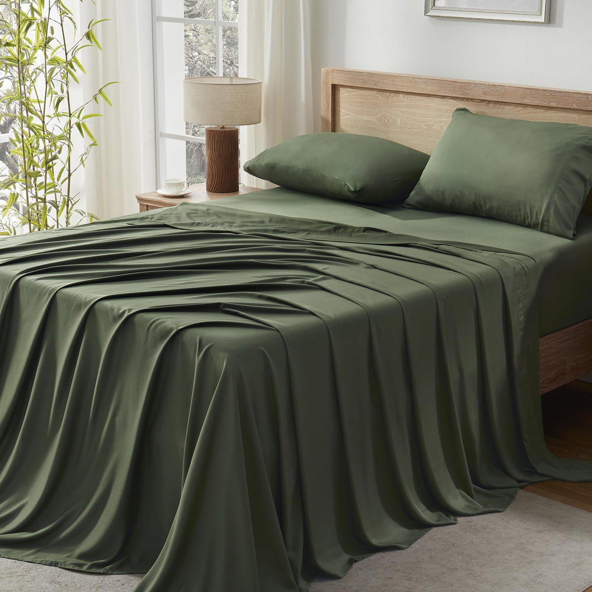 Andency Dark Olive Green Full Size Bed Sheets, 100% Viscose Derived From Bamboo, Cooling Full Sheets, Deep Pocket Up To 16', Silky Soft Bed Sheets, Hotel Luxury Breathable Bedding Sheets & Pillowcases