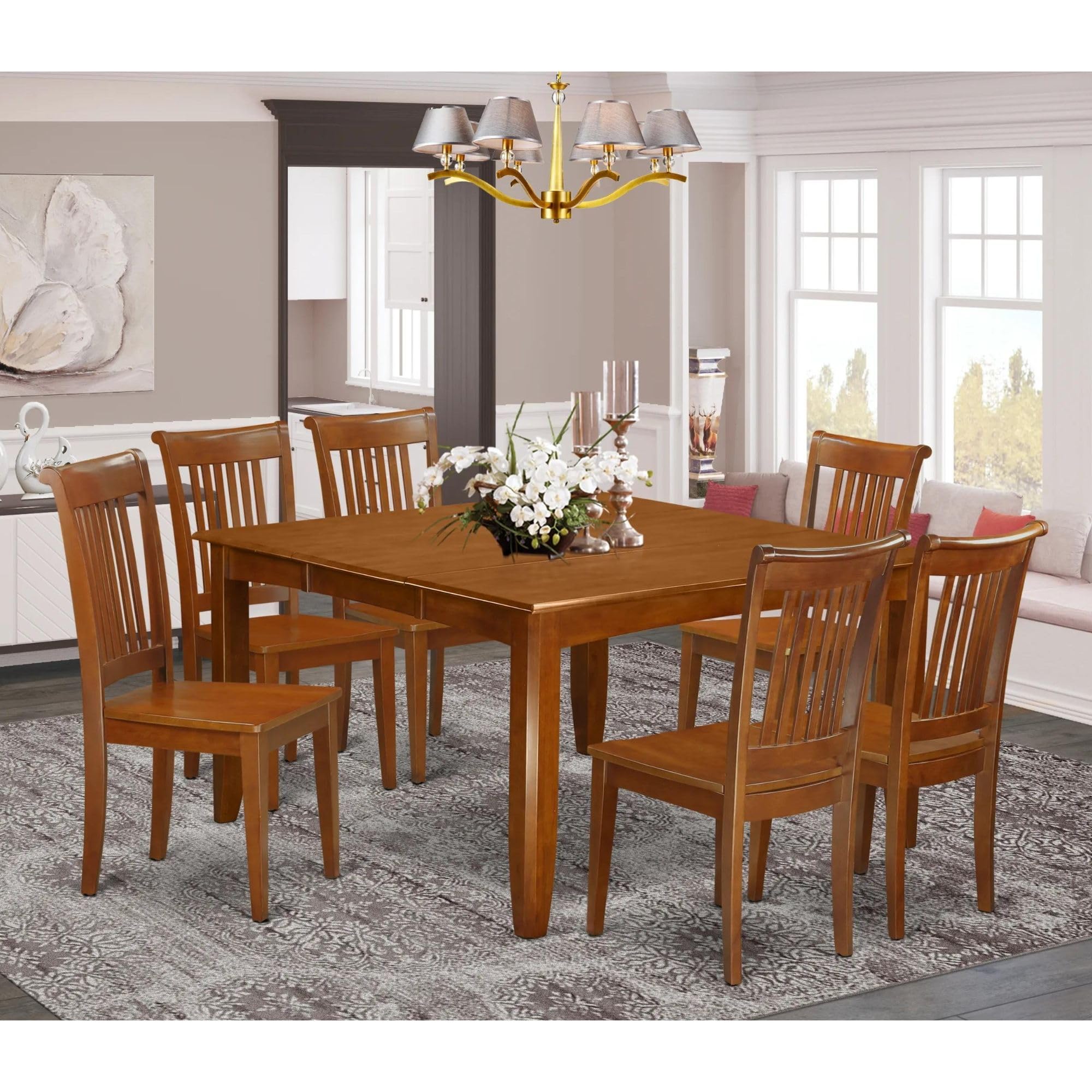 East West Furniture PFPO9-SBR-C 9 Piece Dining Table Set Includes a Square Dining Room Table with Butterfly Leaf and 8 Linen Fabric Upholstered Chairs, 54x54 Inch, Saddle Brown