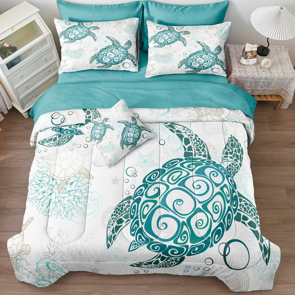 Move Over Sea Turtle Comforter Set With Sheet Set Full Size 8 Pieces Coastal Bedding Bed In A Bag For Kids Girls Boys Teens Ocea