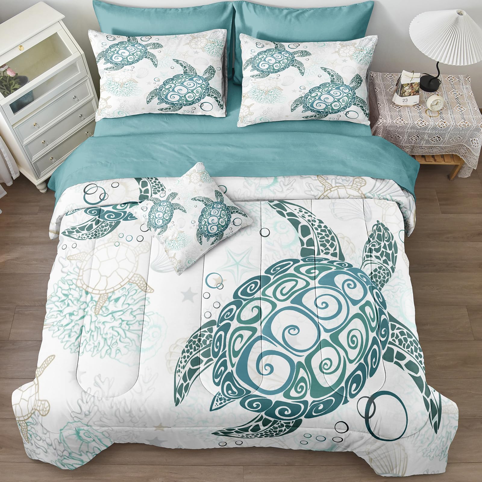 Move Over Sea Turtle Comforter Set With Sheet Set Full Size 8 Pieces Coastal Bedding Bed In A Bag For Kids Girls Boys Teens Ocea