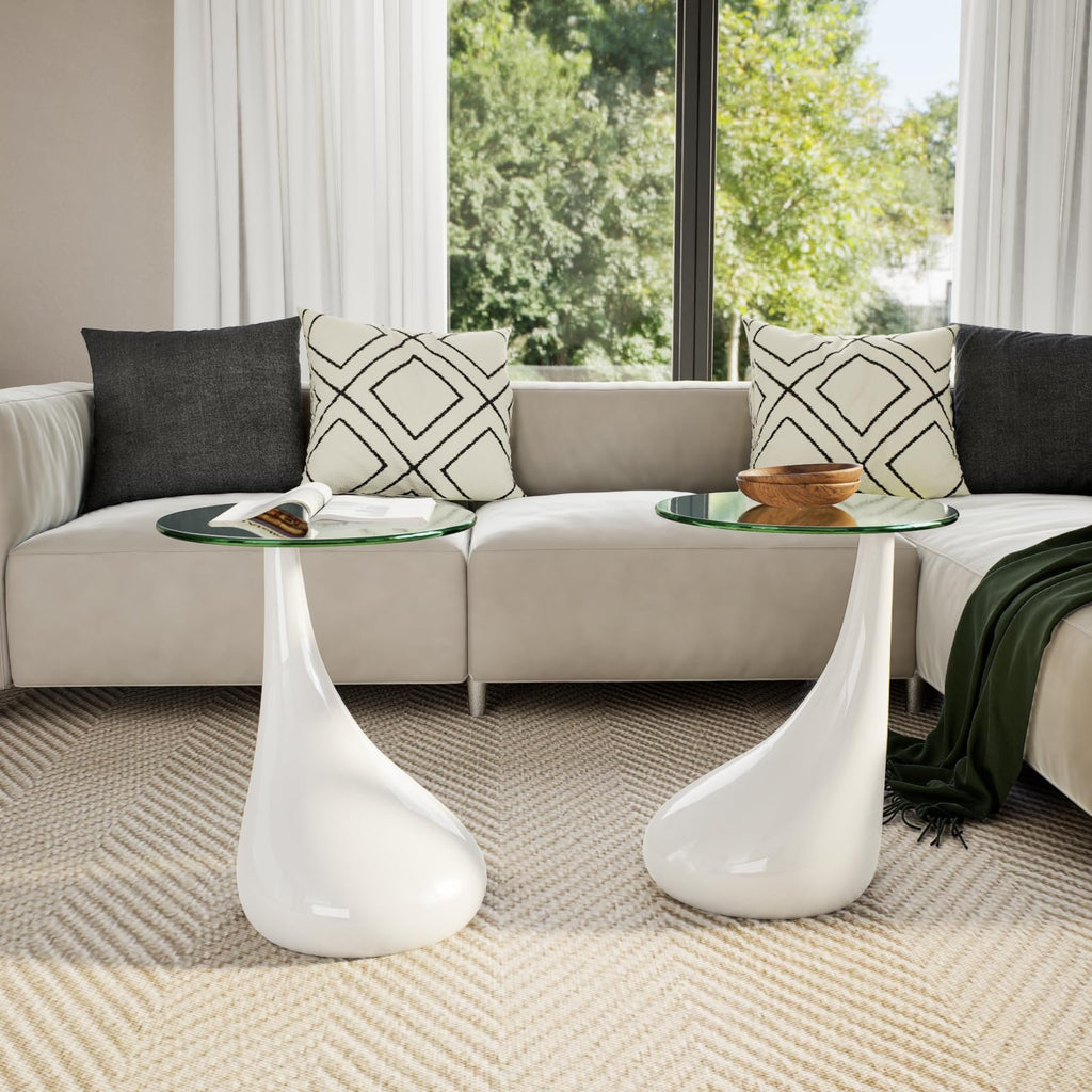 vidaXL 2-Piece Round Coffee Table Set with Glass Top - Modern & Small, White Coffee Table, Perfect for Living Room or Bedroom (16.5" Diameter)