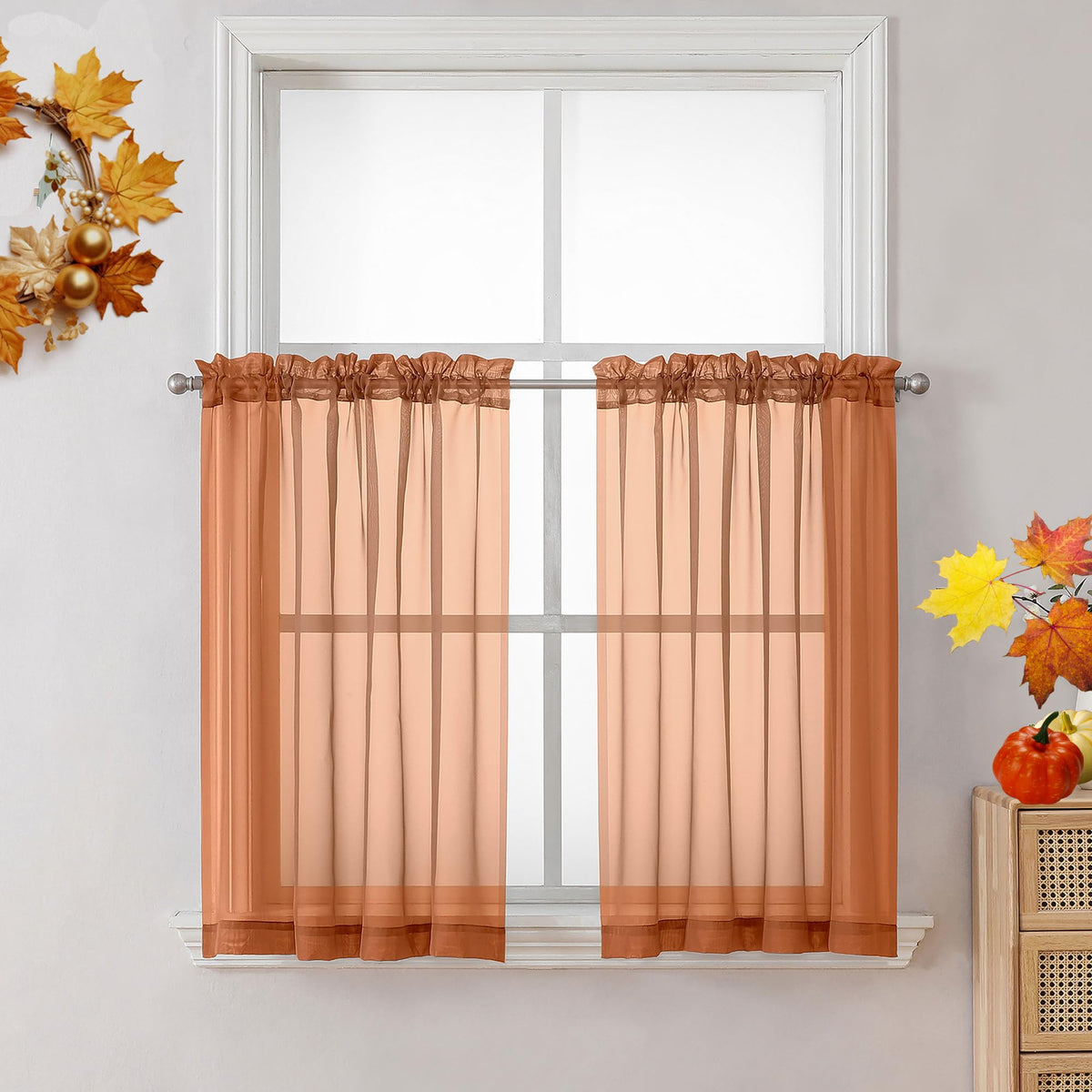 Ovzme Orange Sheer Curtains 36 Inches Long, Short Kitchen Window Treatment Solid Sheers Cafe Curtains Bathroom Voile Half Window