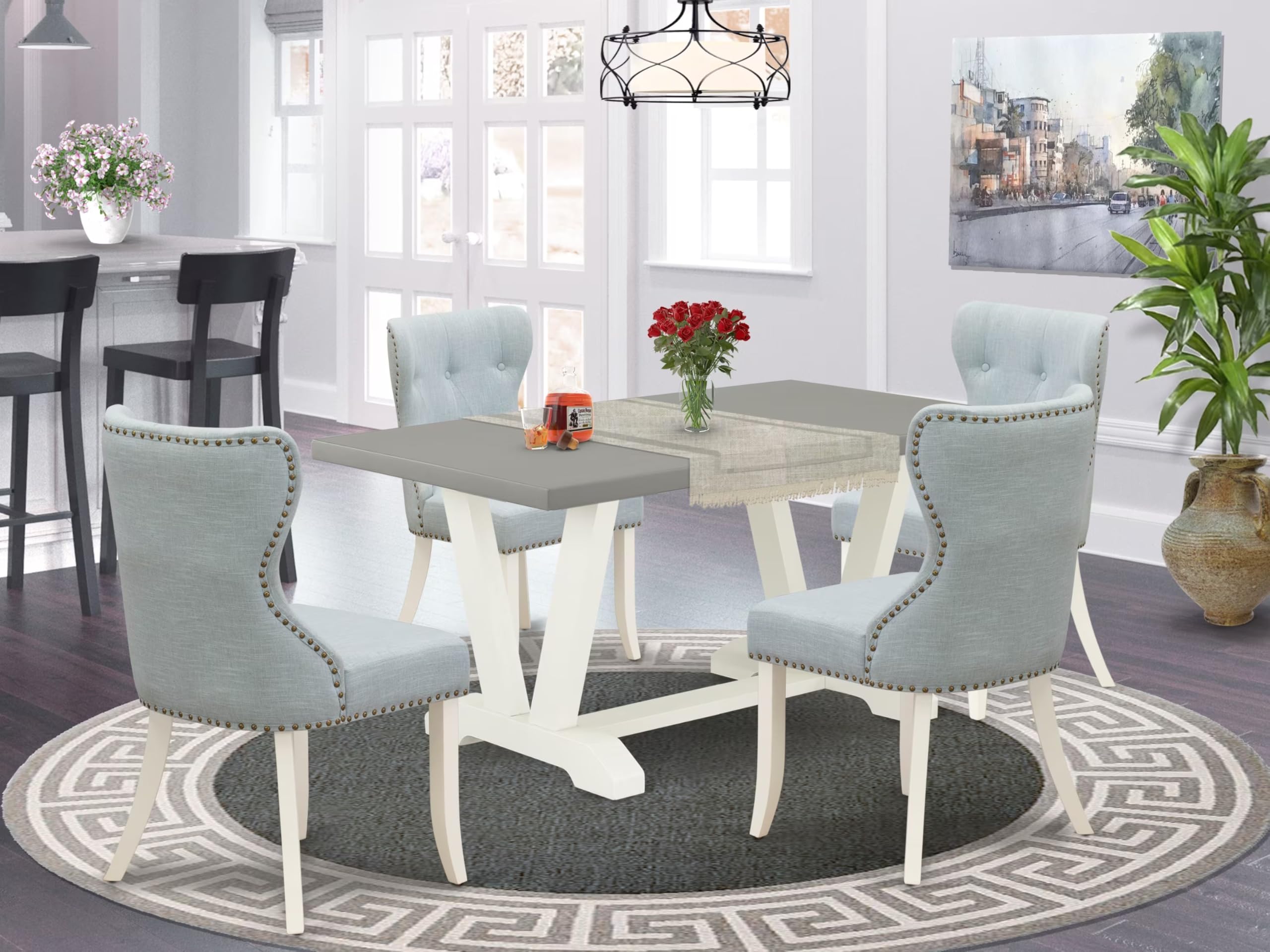 East West Furniture V096Si215-5 5 Piece Dining Room Table Set Includes A Rectangle Dining Table With V-Legs And 4 Baby Blue Linen Fabric Upholstered Chairs, 36X60 Inch, Multi-Color