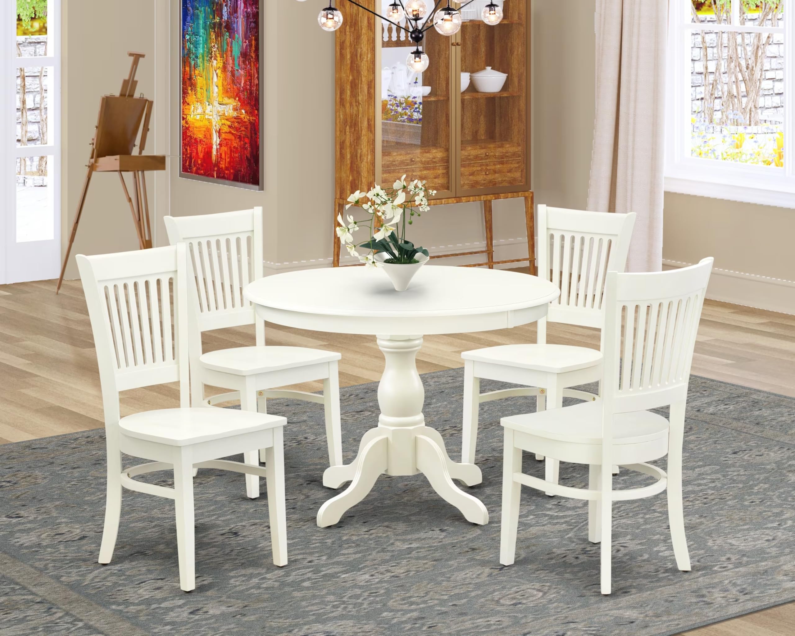 East West Furniture Hbva5-Lwh-W 5 Piece Dining Room Furniture Set Includes A Round Kitchen Table With Pedestal And 4 Dining Chairs, 42X42 Inch, Linen White