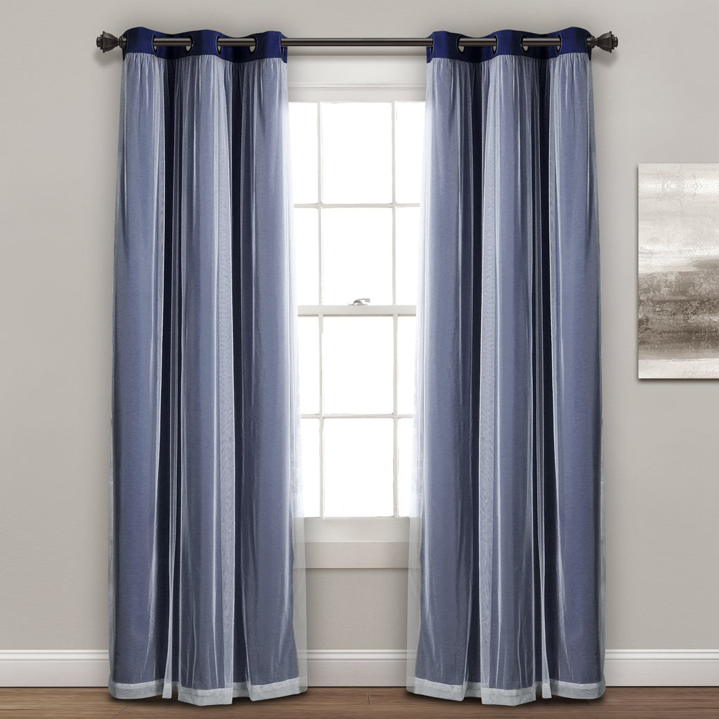 Lush Decor Sheer Grommet Curtains With Insulated Blackout Lining, Window Curtain Panels, Pair, 38''W X 84''L, Navy - Curtain Wit