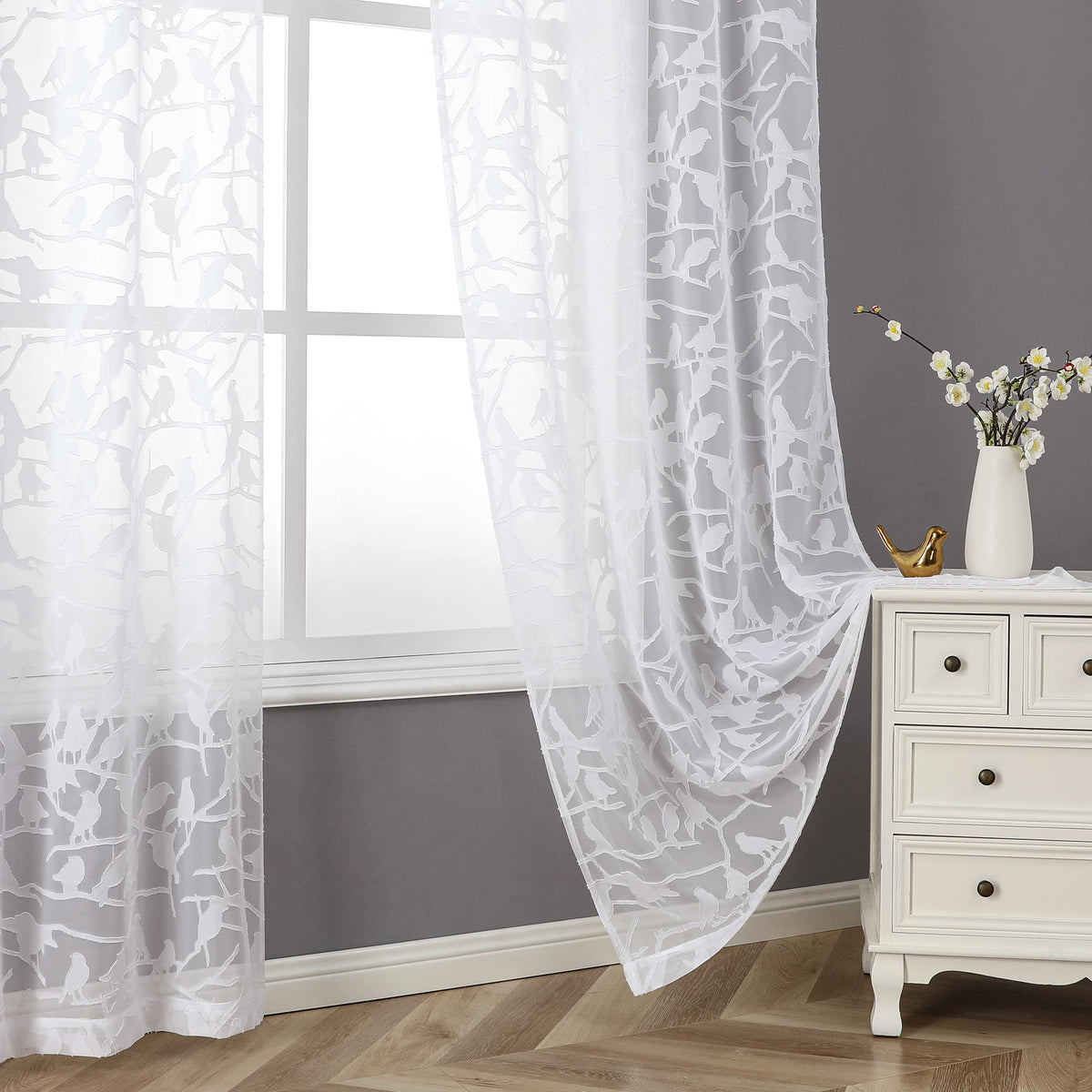 Ovzme Textured White Sheer Curtains 84 Inch Length 2 Panels Set For Living Room, Anji Bird Semi Voile Balance Privacy & Light Ro