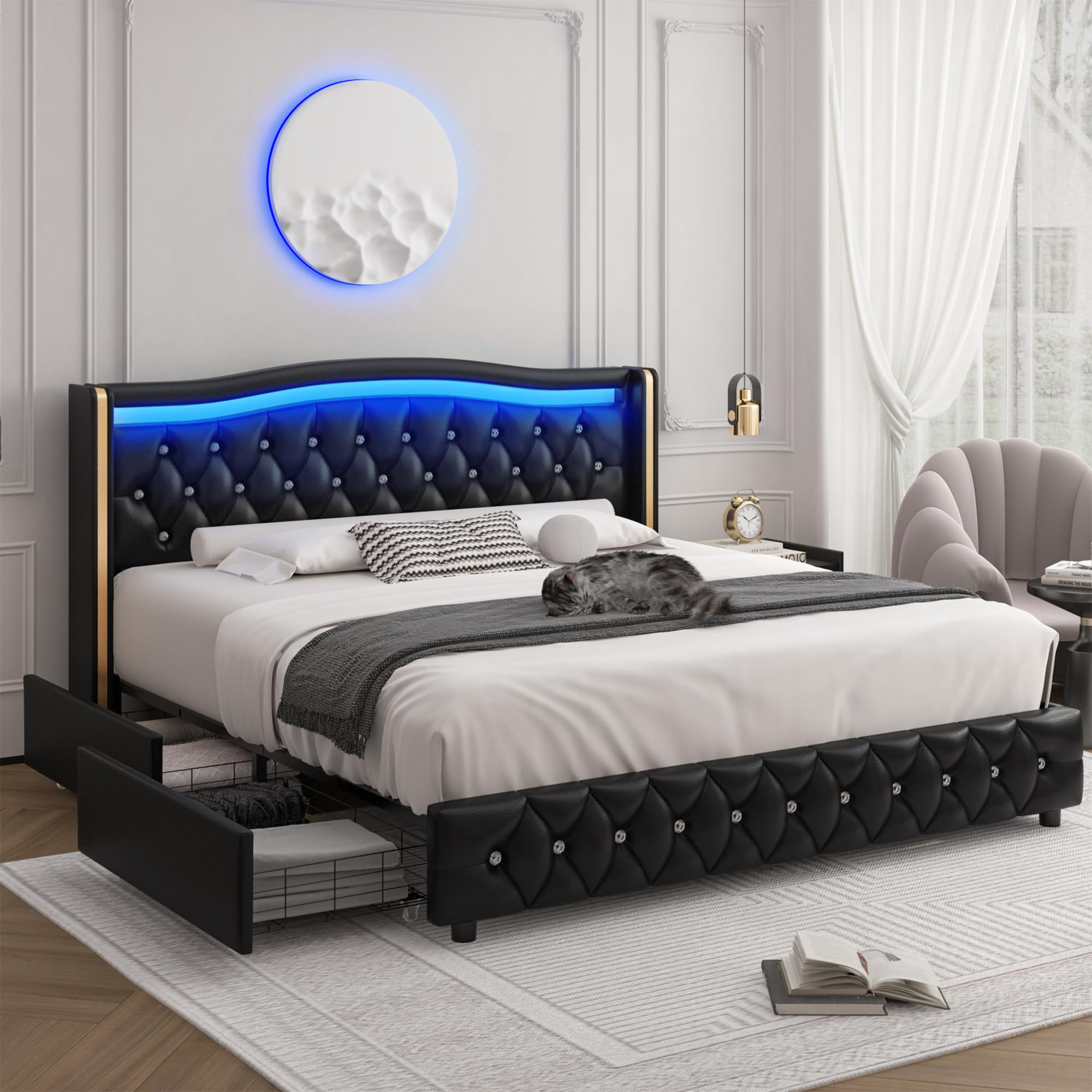 HIFIT King Smart LED Platform Bed Frame with 4 Storage Drawers and Crystal Button-Tufted Wingback Headboard, Soft Modern PU Upho