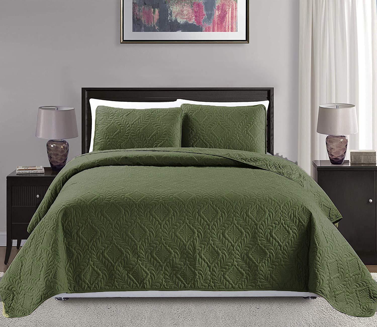 Mk Collection Full/Queen Size Over Size 100'X106' 3Pc Diamond Bedspread Bed-Cover Embossed Solid Olive Green New