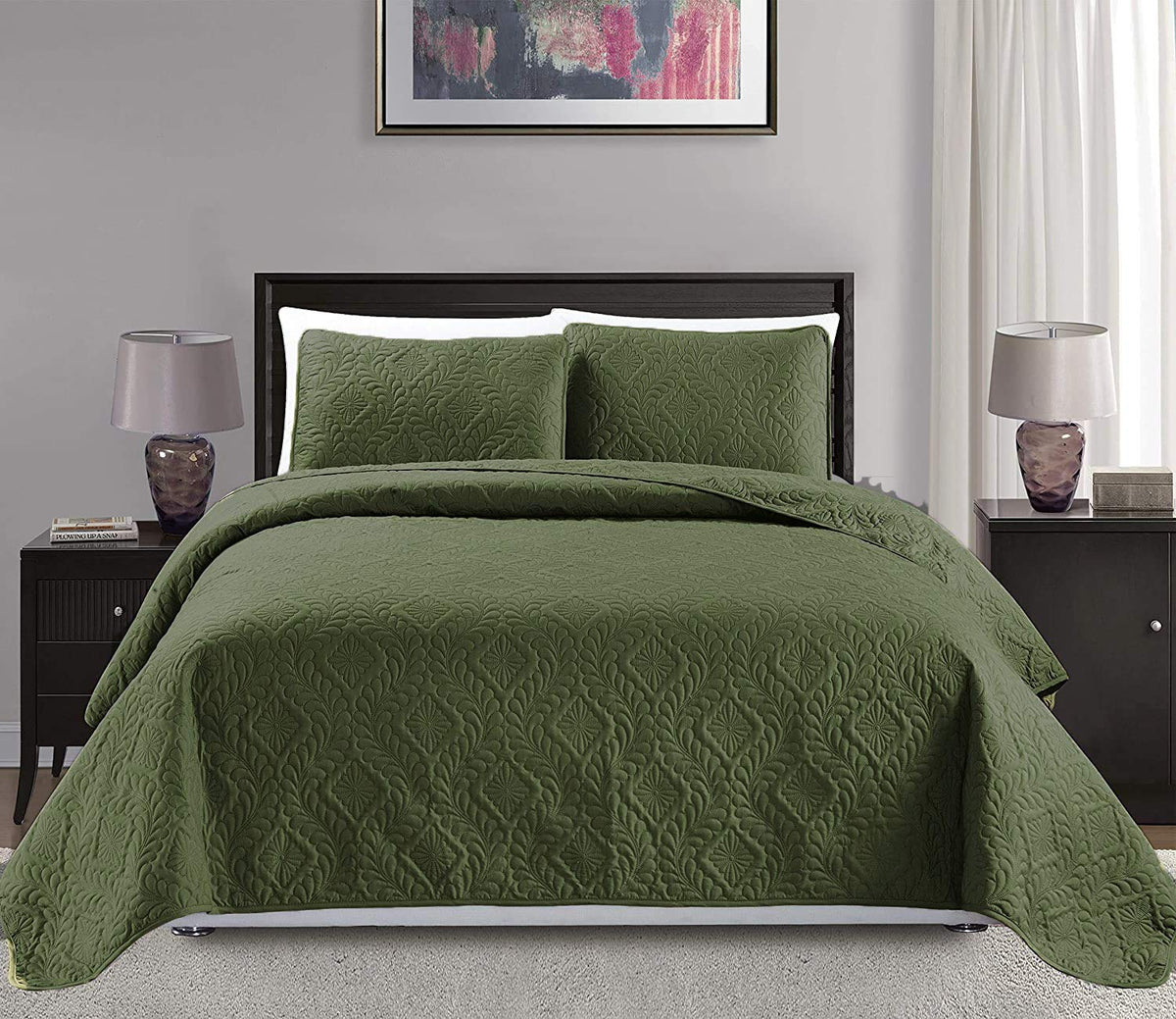 Mk Collection Kingcalifornia King Over Size 118X106 3 Pc Diamond Bedspread Bed-Cover Embossed Solid Olive Green
