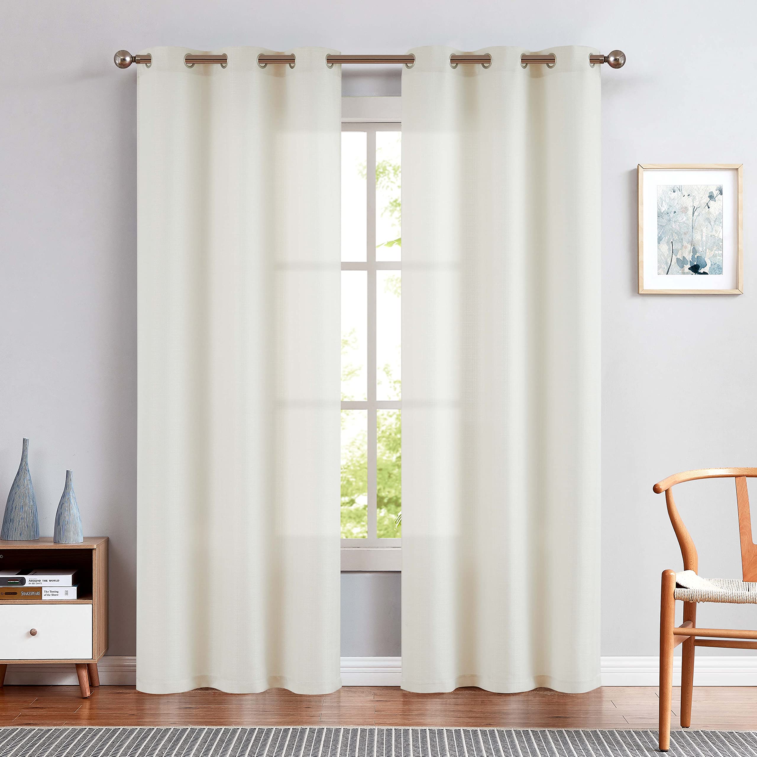 Jinchan Ivory Linen Textured Curtains 96 Inches Long For Living Room Grommet Top Light Filtering Window Drapes For Bedroom 2 Pan