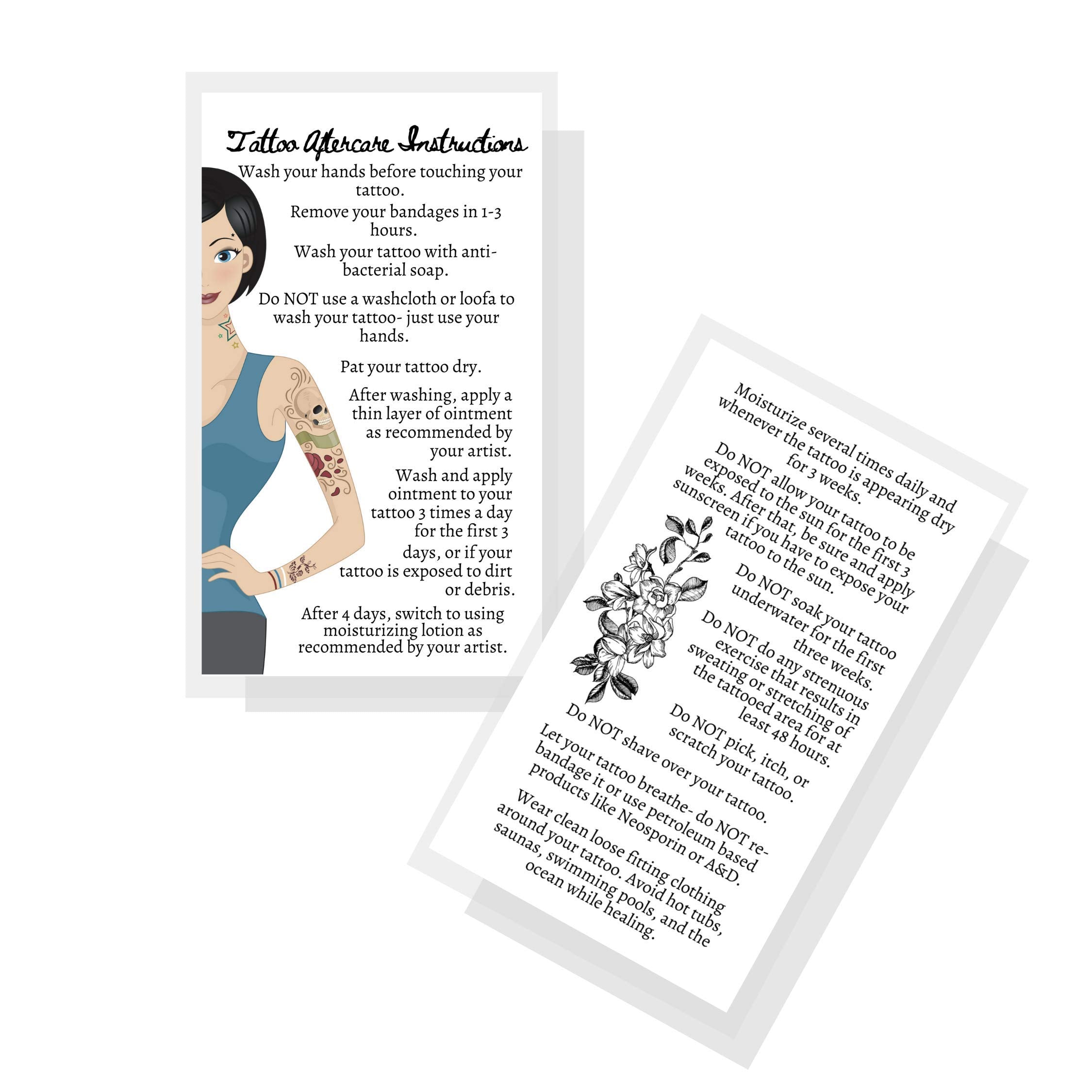 Tattoo Aftercare Instructions Cards | 50 Pack | Double Sided Size 2 X 3.5' Inches Business Card | White With Tattooed Lady Desi