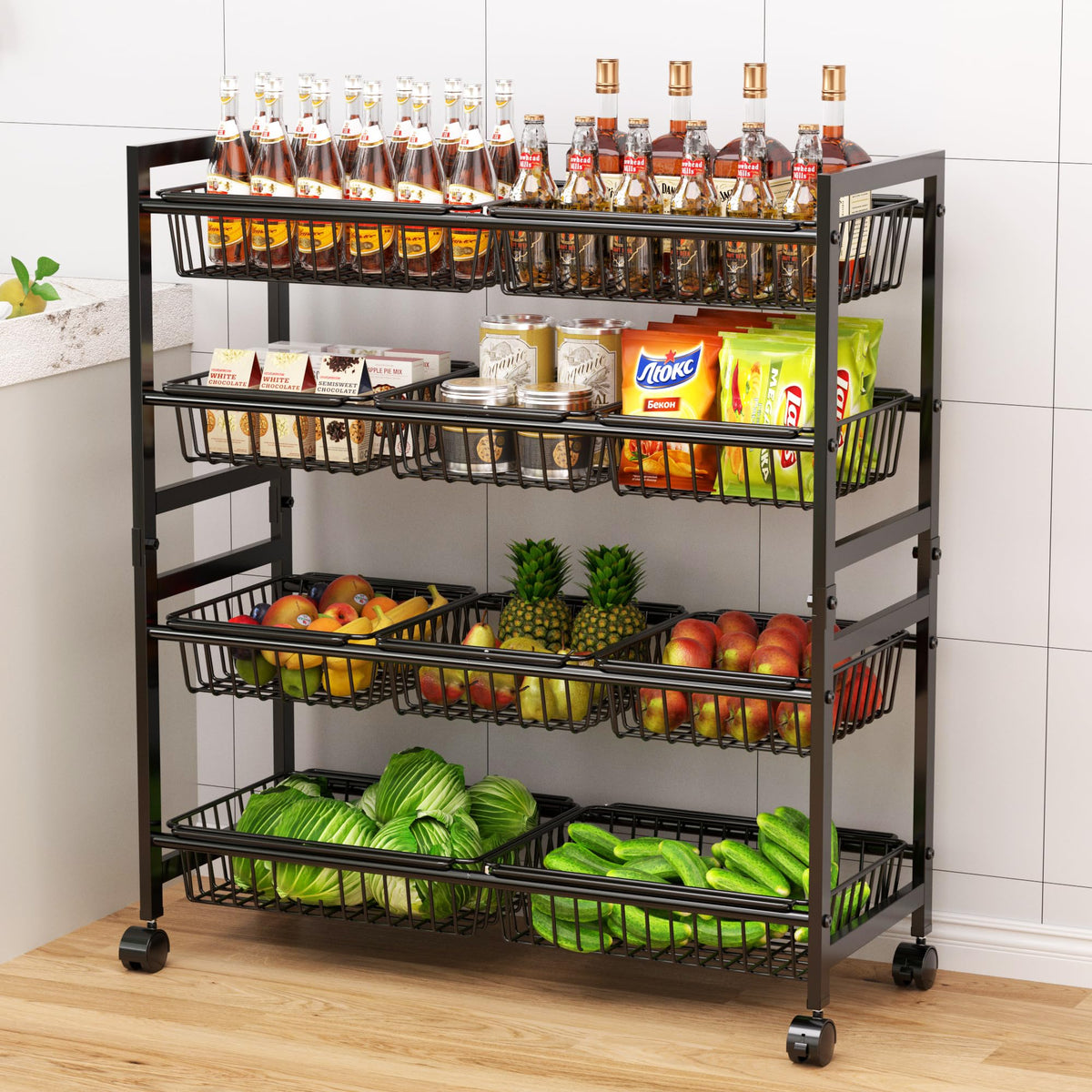 Cinati 4Tier Snack Cart with Wheels, 29W Toy Storage Organizer, Rolling Pantry Storage Cart with 10 Wire Baskets & Handle,Adj