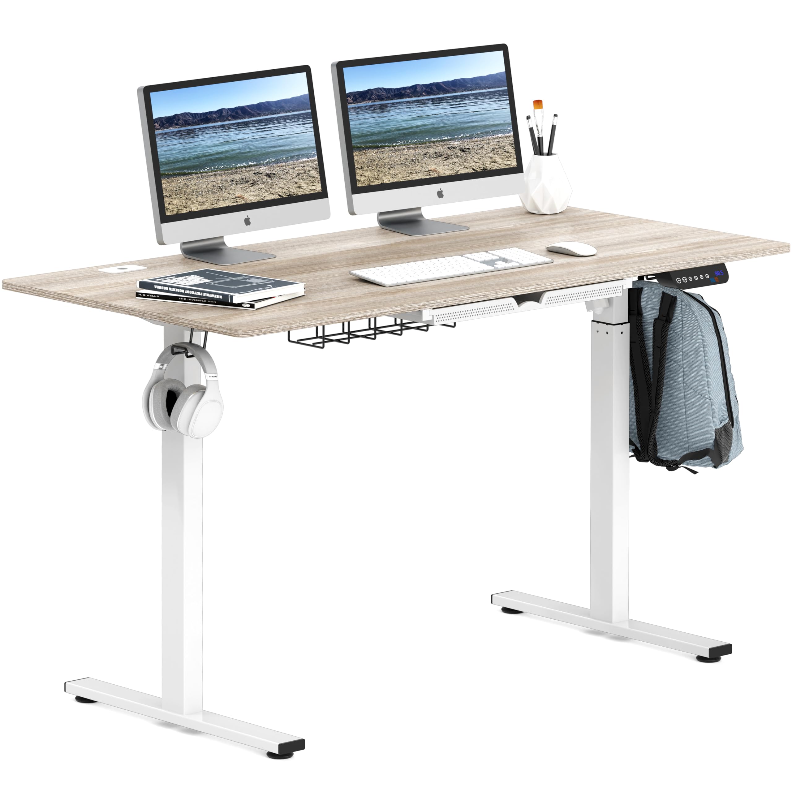 SHW 55 x 28 Inches Electric Height Adjustable Standing Desk with Drawer and Memory Preset, Maple