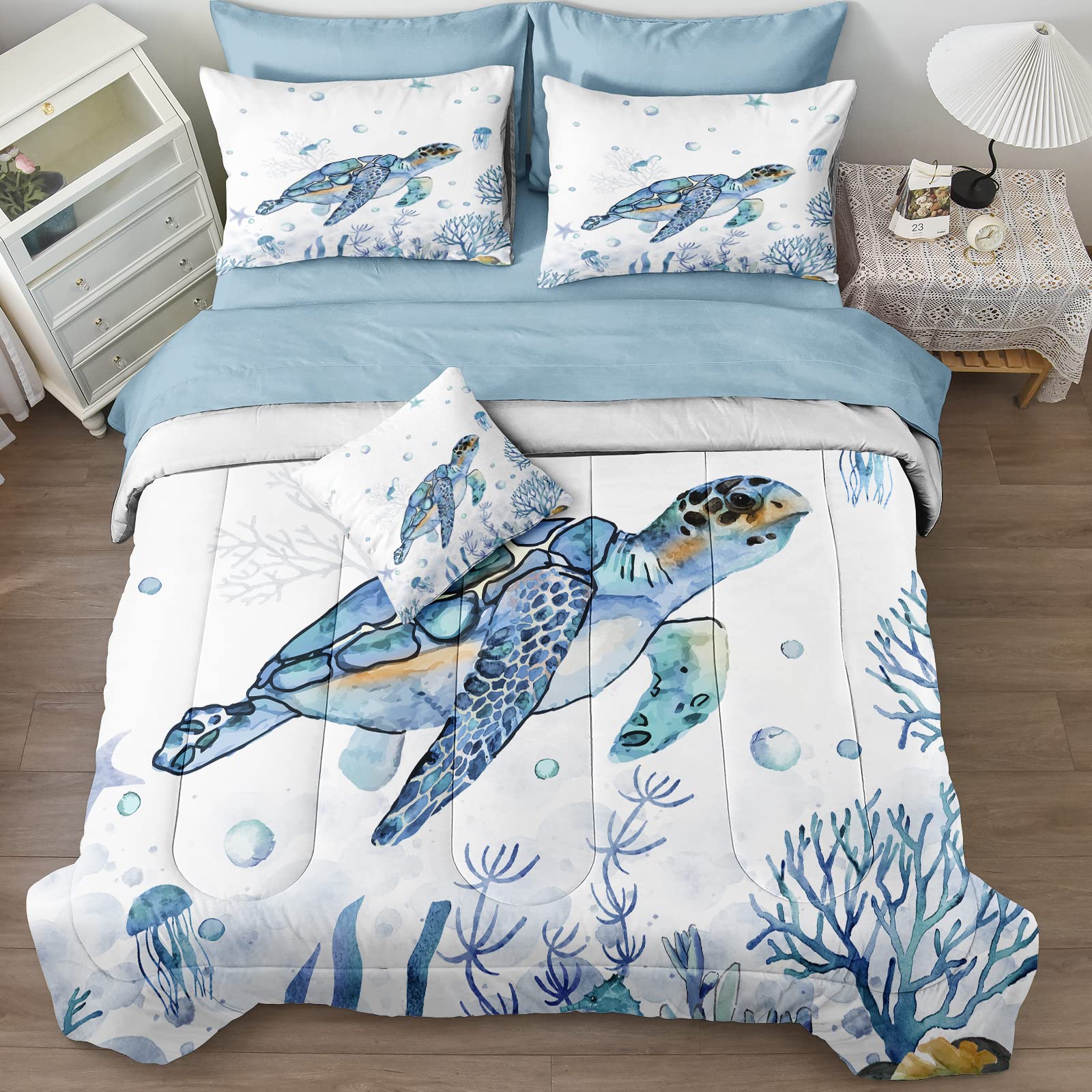Sea Turtle Comforter Ocean Themed Bedding Sets 8 Pieces Queen Bed In A Bag Teal Blue Turtle Sea Horse Animal Cartoon Pattern Bea