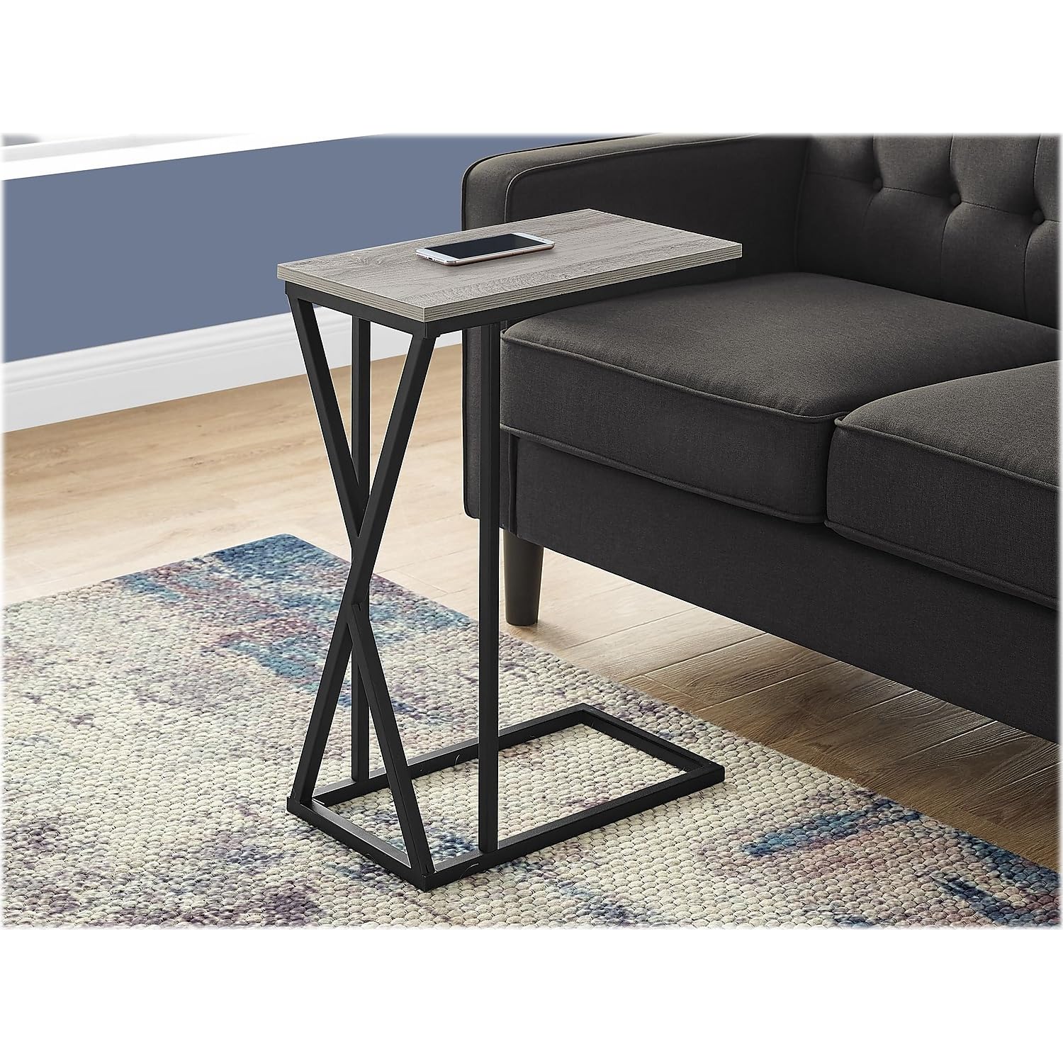 Monarch Specialties I 3248 Accent Table, C-Shaped, End, Side, Snack, Living Room, Bedroom, Metal, Laminate, Grey, Black, Contemporary, Modern