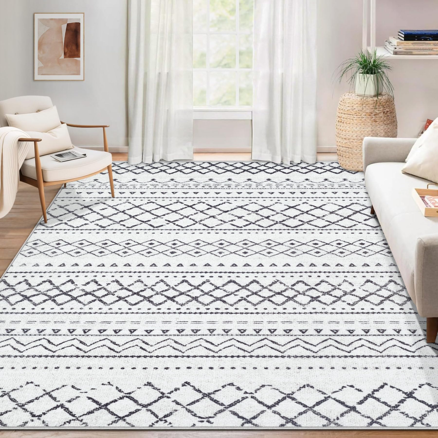 Area Rug for Living Room 6x9: Large Washable Boho Moroccan Rugs Geometric Neutral Rug, Non-Slip Foldable Morden Farmhouse Indoor
