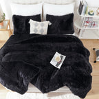 Smoofy Faux Fur Black Comforter Set Twin Size 2Pcs Fluffy Fuzzy Plush Comforter Set Cute Soft Shaggy Velvet Double-Sided Bedding