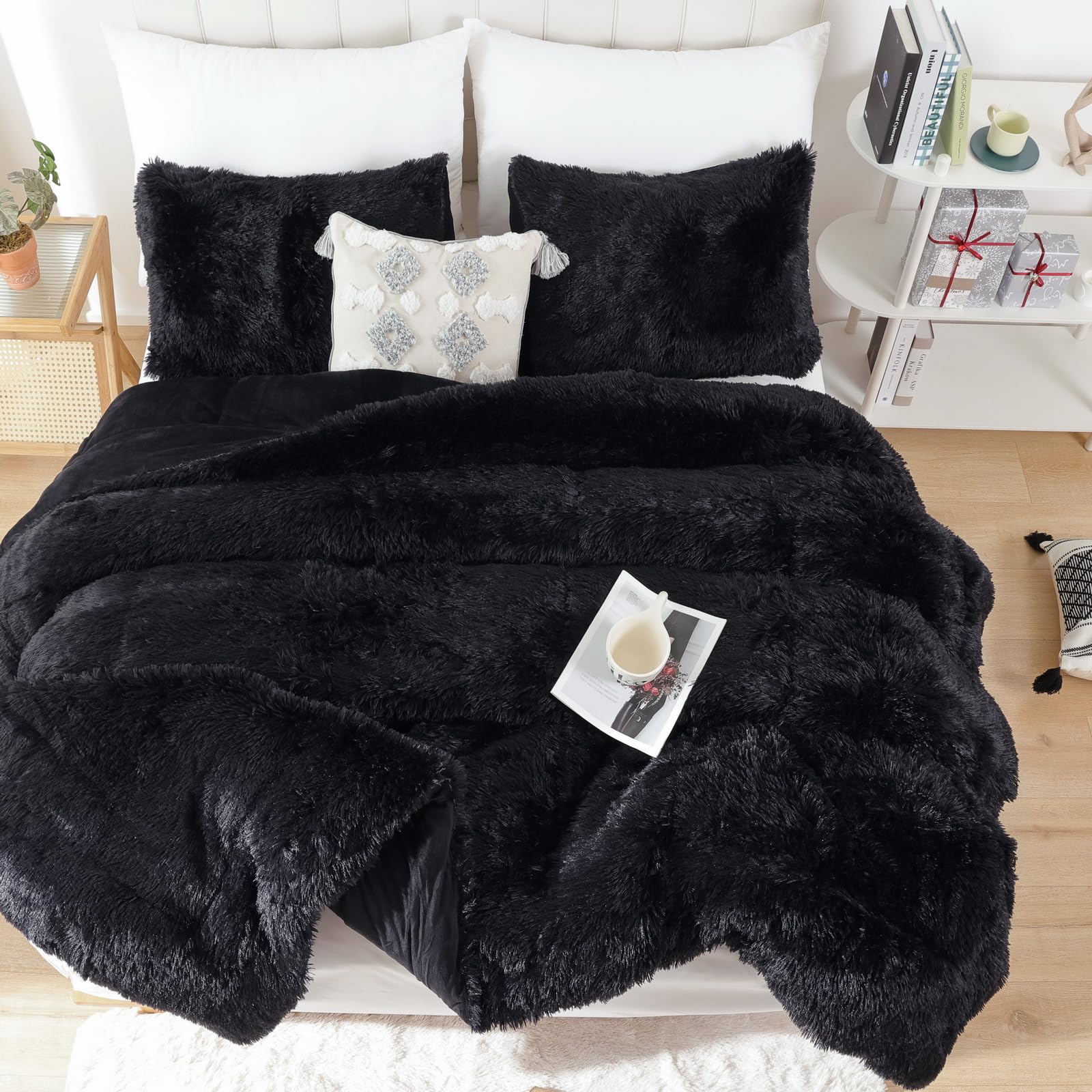 Smoofy Faux Fur Black Comforter Set Twin Size 2Pcs Fluffy Fuzzy Plush Comforter Set Cute Soft Shaggy Velvet Double-Sided Bedding