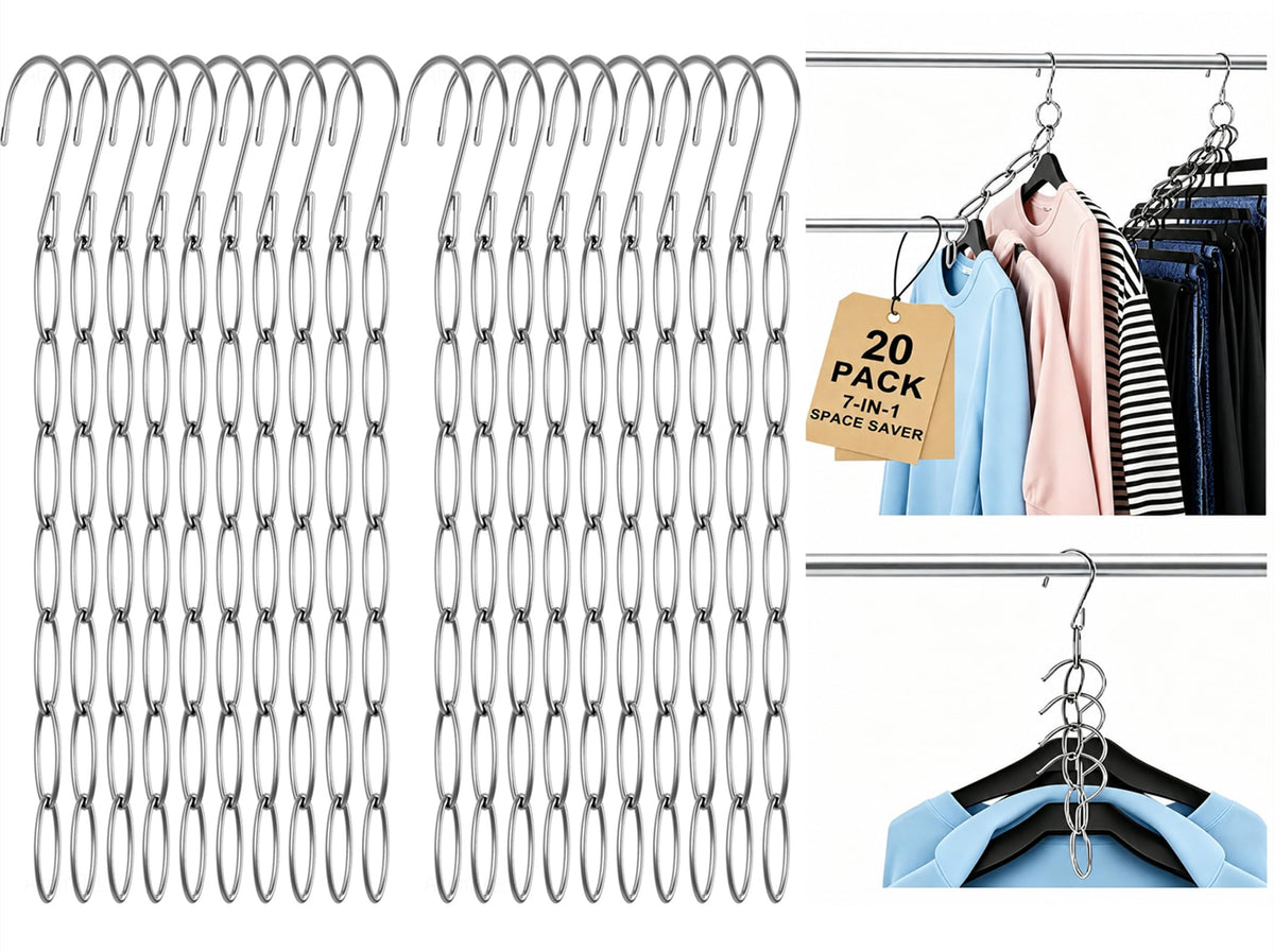 20PCS Heavy Duty Metal Space Saving Closet Chain Hangers | Retractable MultiLoop Clothes Organizer for Home Wardrobe, Dorm & Tr