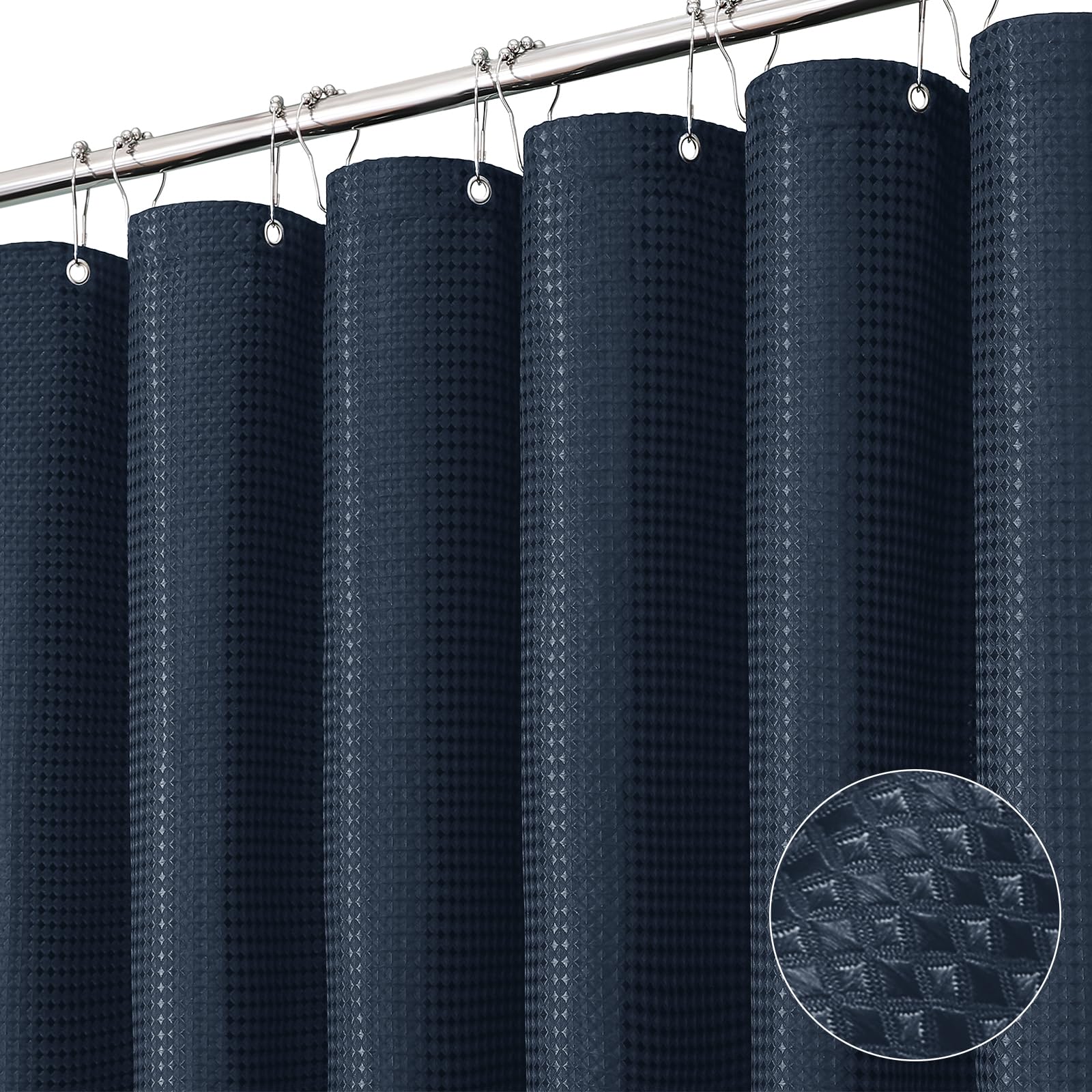 Dynamene Navy Blue Fabric Shower Curtain, Waffle Weave Textured Cloth Shower Curtains for Bathroom, Modern Hotel Luxury Shower C