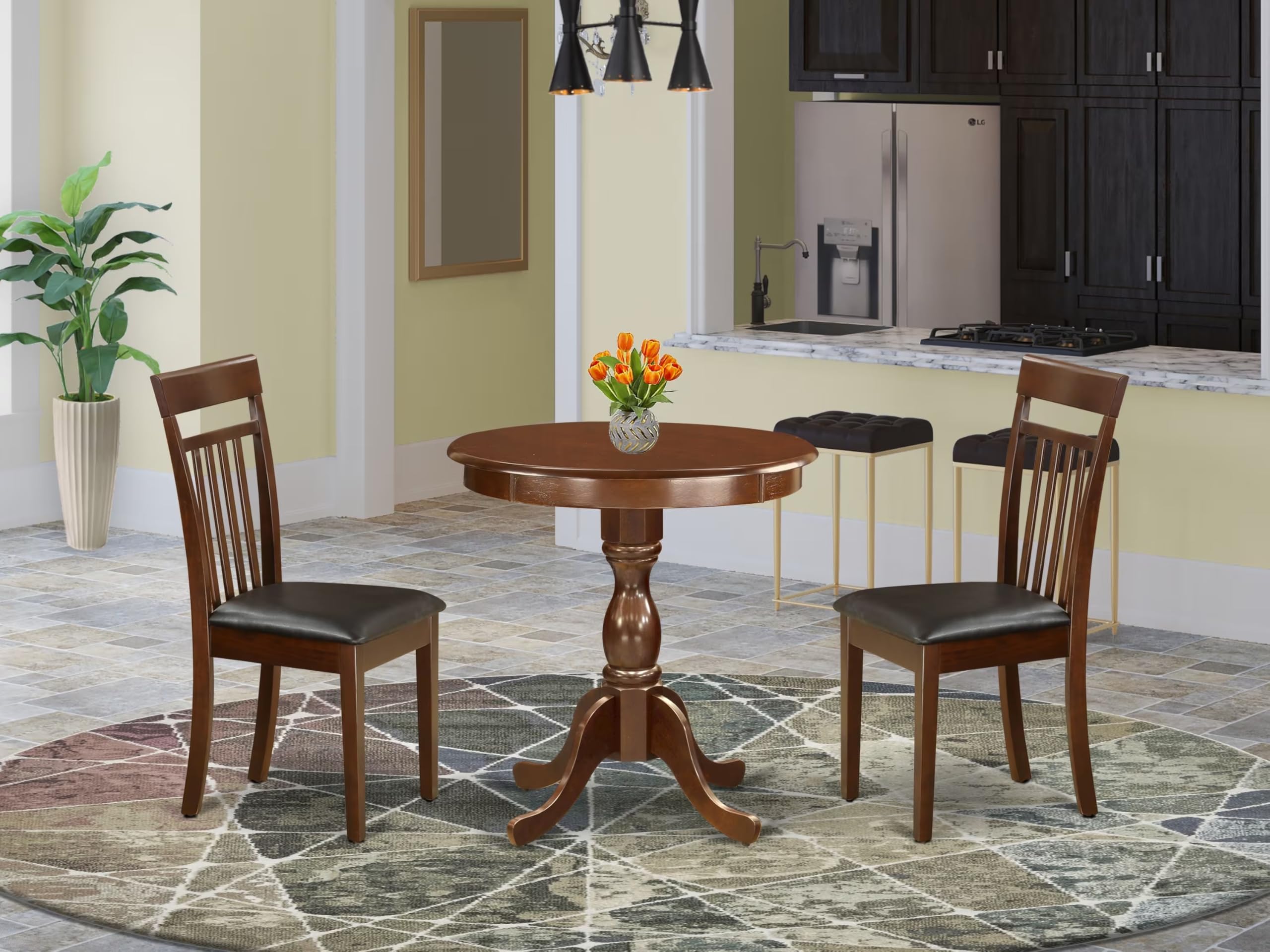 East West Furniture Esca3-Mah-Lc 3 Piece Kitchen Table & Chairs Set Contains A Round Dining Room Table With Pedestal And 2 Faux Leather Upholstered Dining Chairs, 30X30 Inch, Mahogany