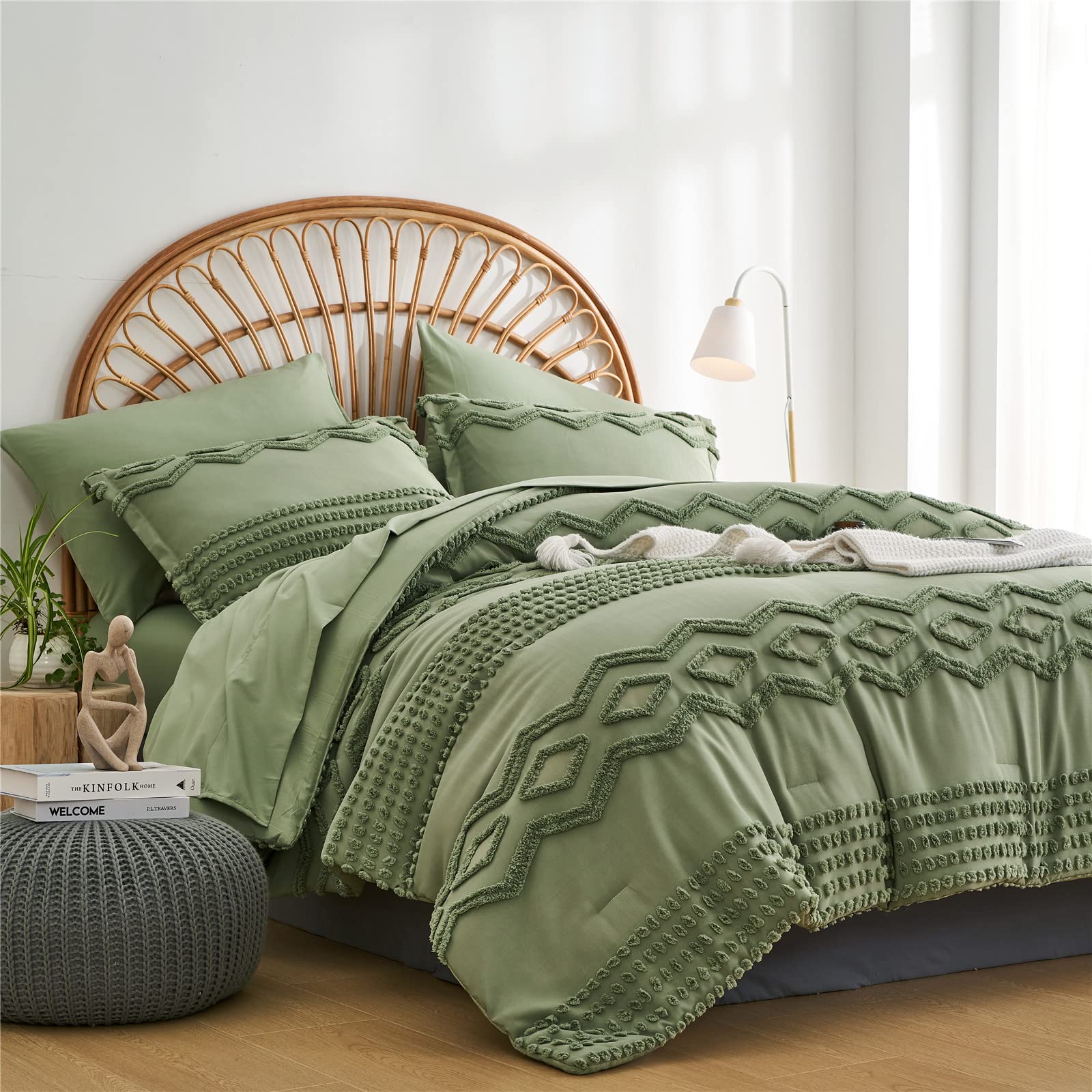 Sage Green Tufted Comforter Set Full Size 7 Piece Bed In A Bag, Shabby Chic Boho Comforter And Sheet Set, Pom Pom Textured Bed S