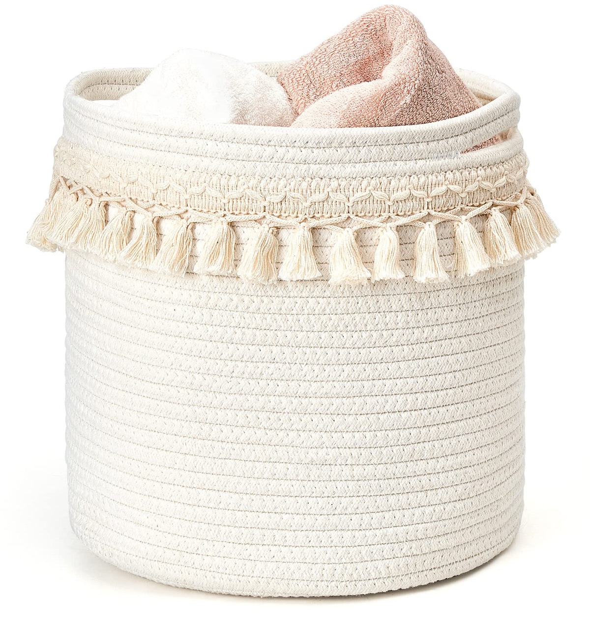 Mkono Macrame Cotton Rope Basket, Small Boho Nursery Decor, 11x11, Ivory