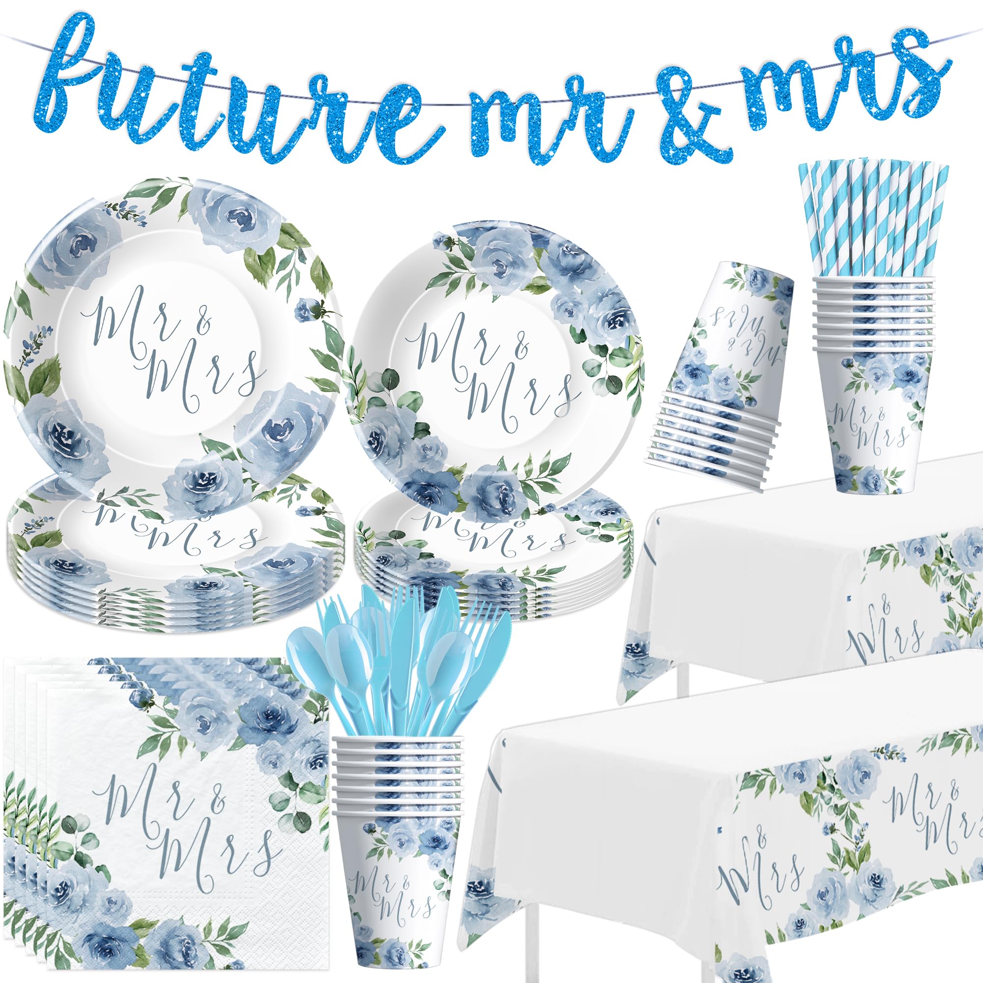 Srua Don Mr and Mrs Dusty Blue Bridal Shower Decorations, Something Blue Floral Wedding Party Supplies, Plate, Napkin, Cup, Tabl