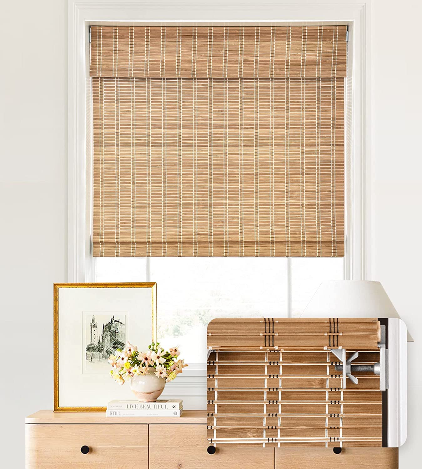 LazBlinds No Tools No Drill Cordless Bamboo Roman Shades, Light Filtering Window Treatment, Roll Up Bamboo Blinds for Window 31