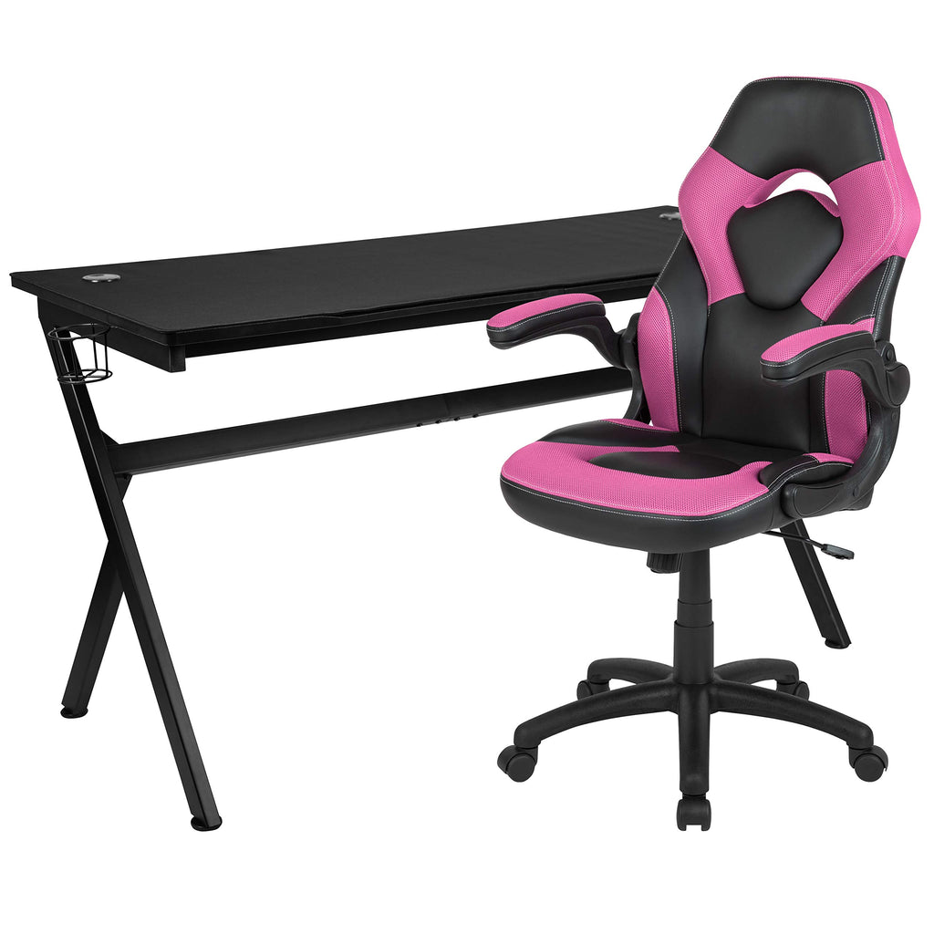 Flash Furniture Gaming Desk and Pink/Black Racing Chair Set/Cup Holder/Headphone Hook/Removable Mouse Pad Top - 2 Wire Management Holes