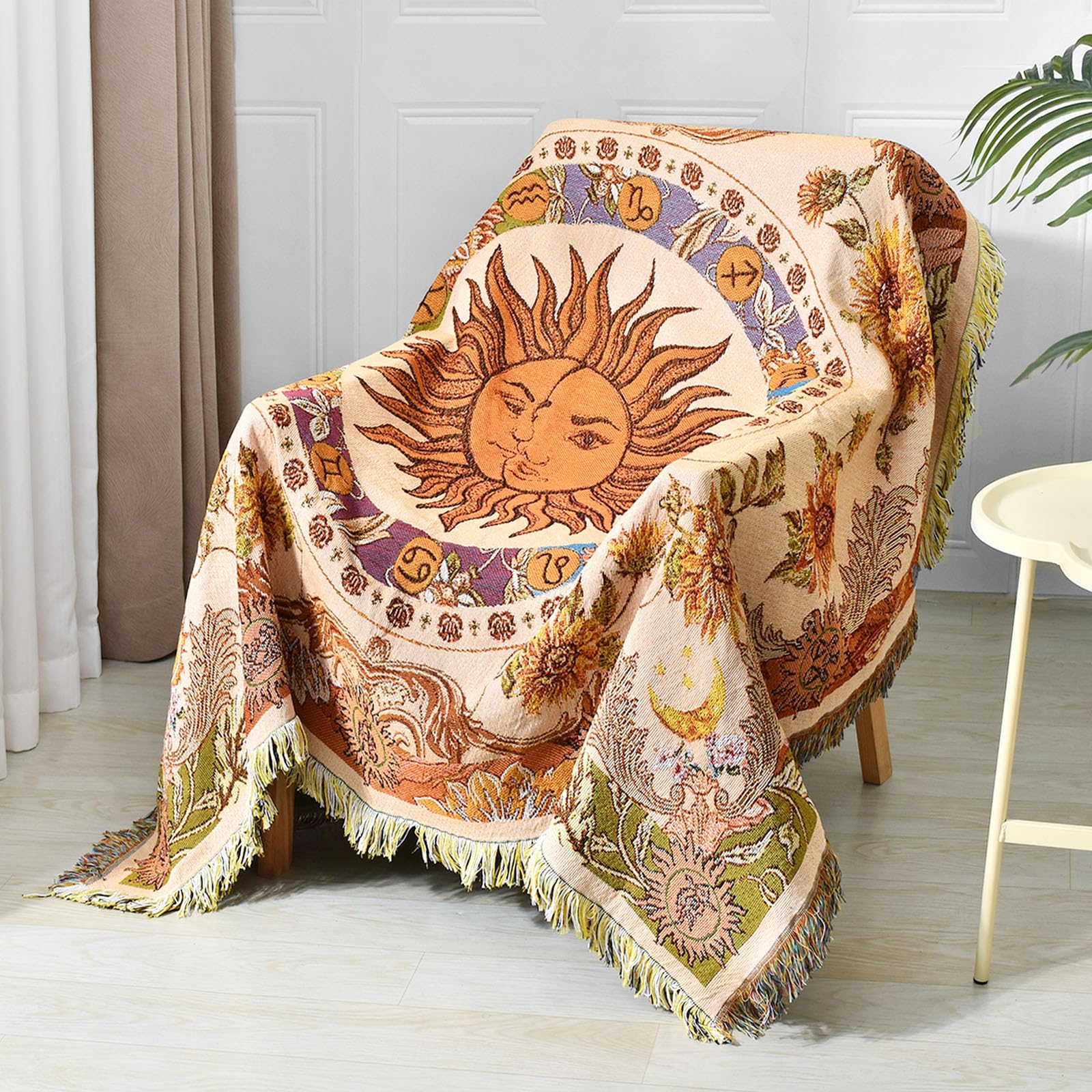 Shesyuki Boho Throw Blanket Reversible Cotton Bohemian Tapestry Hippie Room Decor Outdoor Blanket Double Sided (Boho Sun Yellow