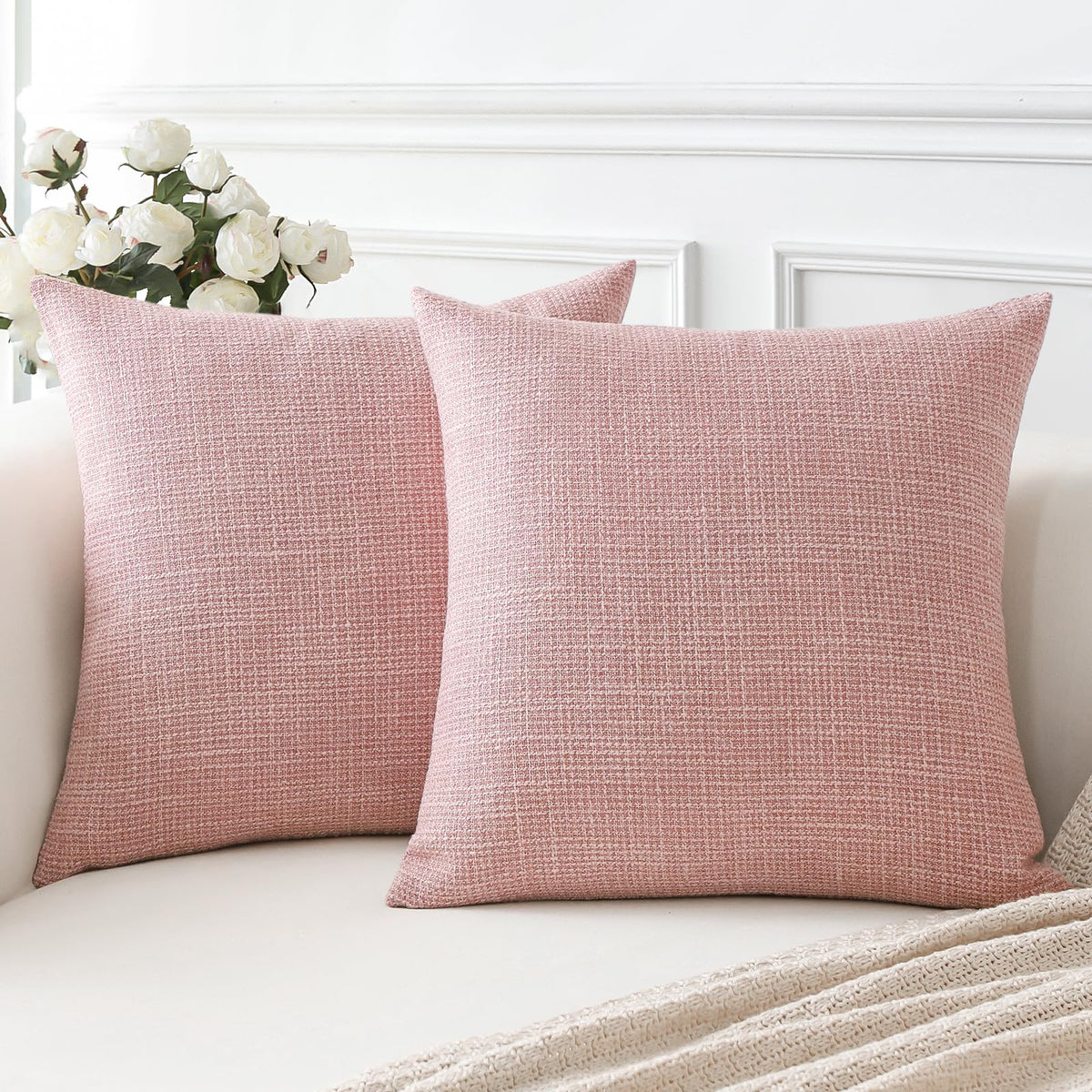 Otostar Linen Throw Pillow Covers Set Of 2 Decorative Square Pillowcases Cushion Covers 16X16 Inch For Home Decor Sofa Bedroom Car 40 X 40 Cm Pink