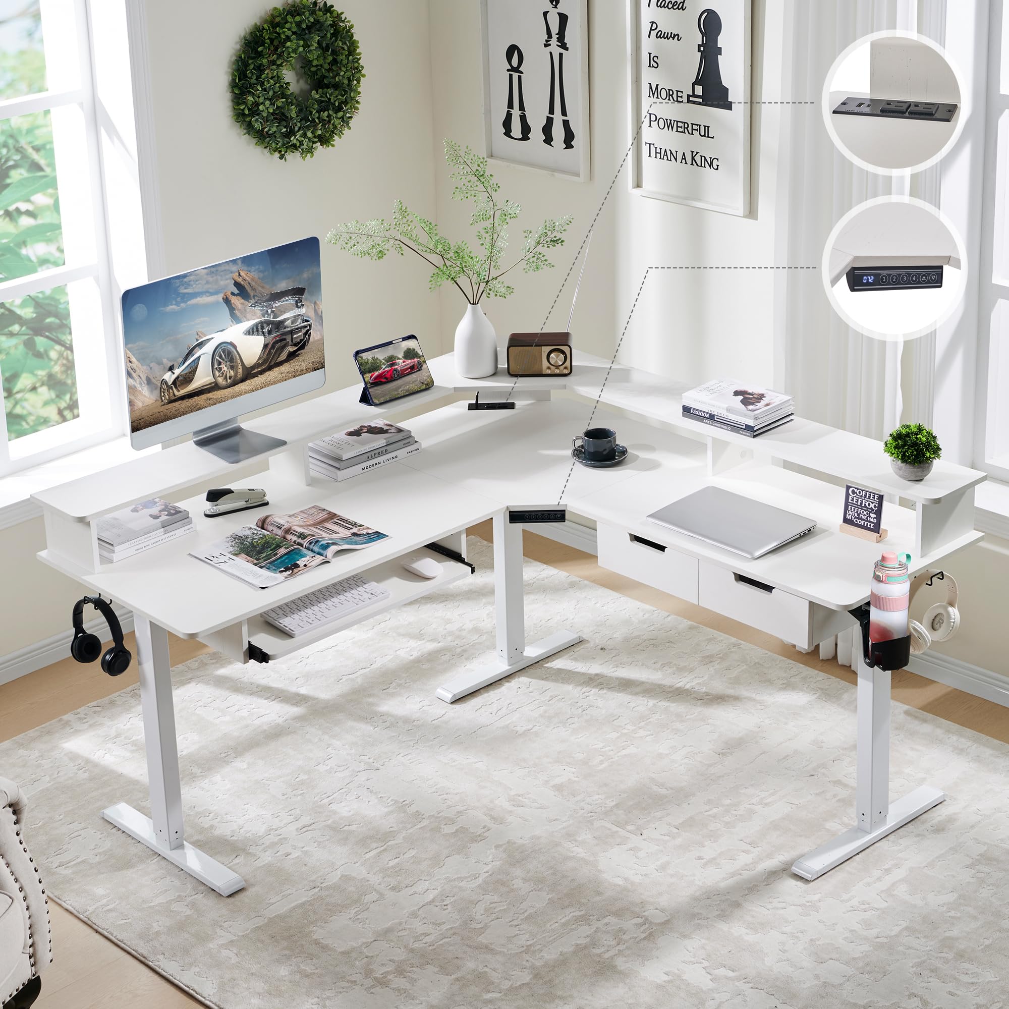 RedLemon 60 Inches L Shaped Electric Standing Desk, Height Adjustable Corner Gaming Desk with Drawers, Keyboard Tray, Power Outl