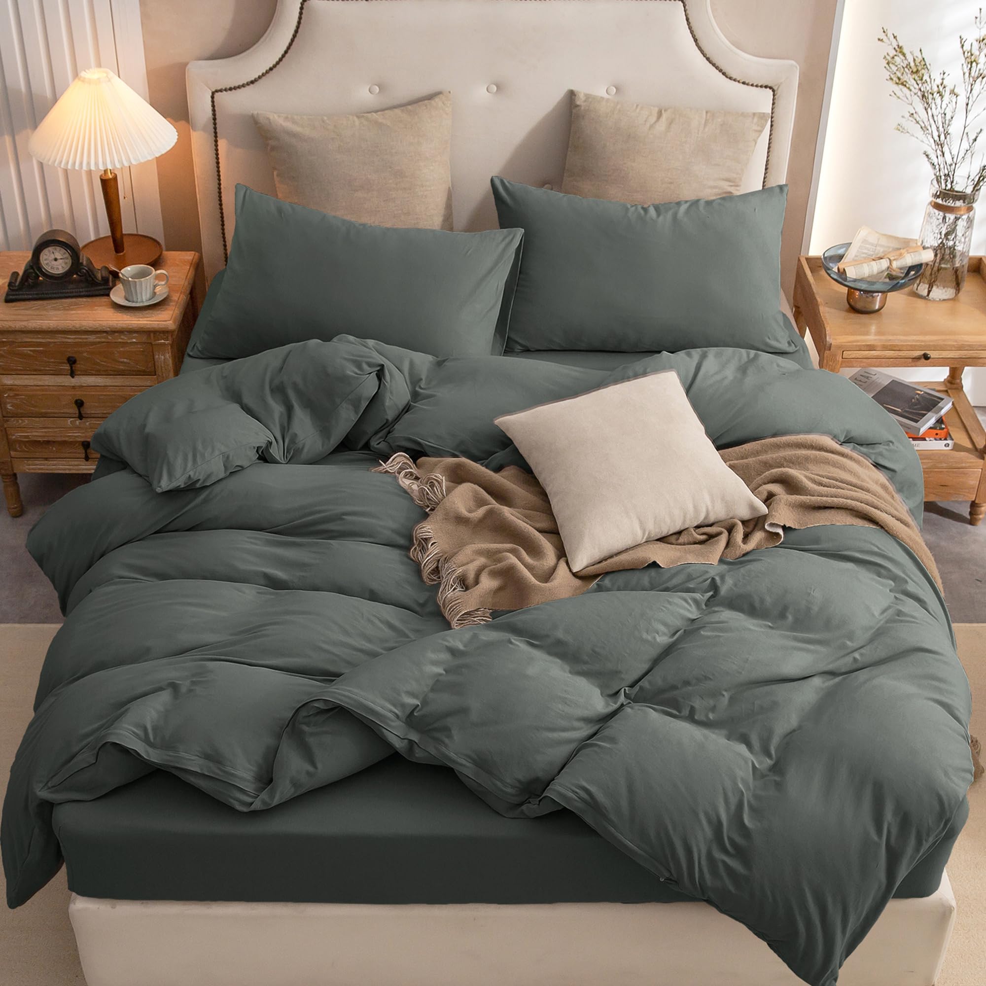 Pure Era Jersey Knit Duvet Cover Set 100% T-Shirt Cotton Super Soft Comfy 2Pc Bedding Set With Zipper Closure (Solid Dark Greeni