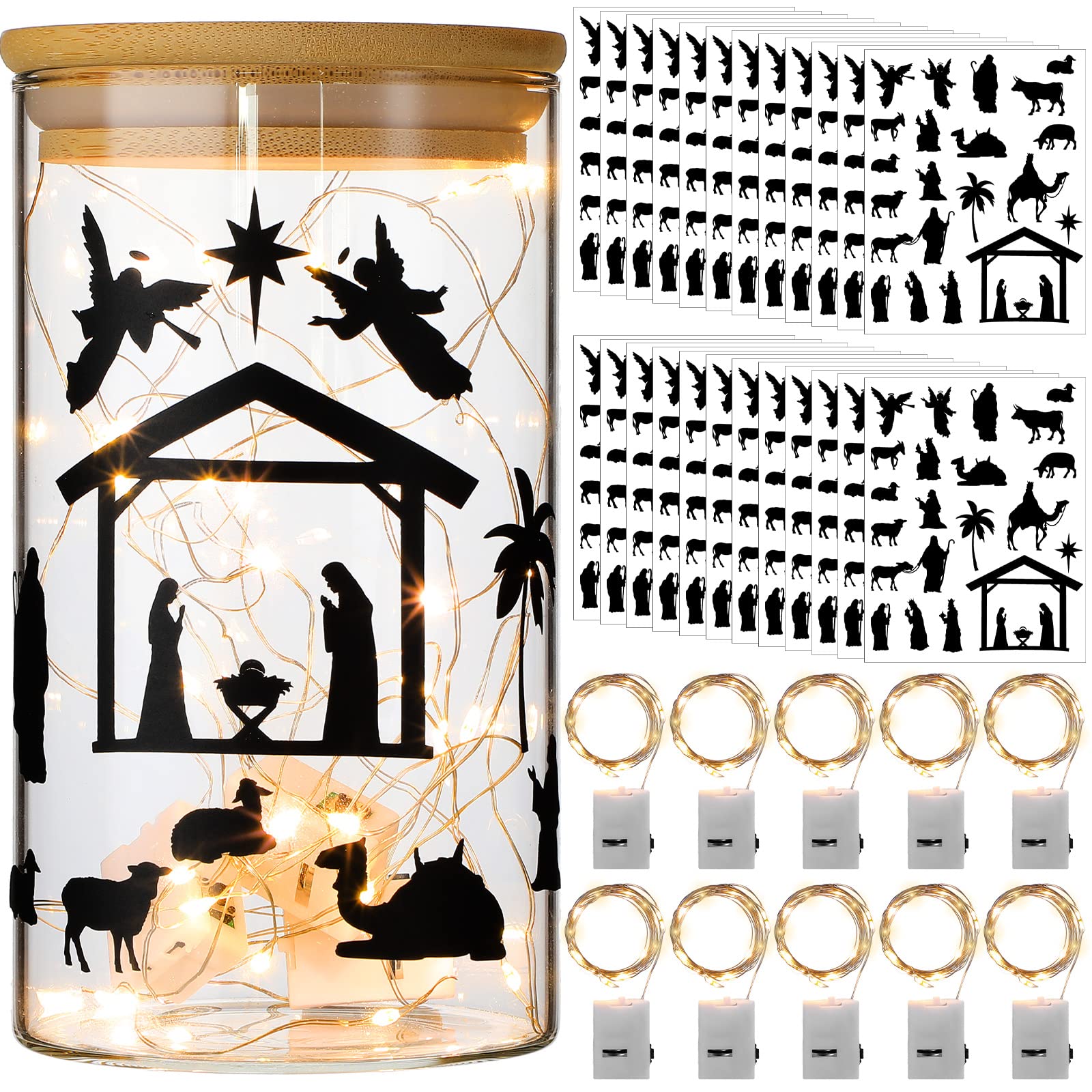 480 Pieces Nativity Mason Jar Decals Religious Stickers Nativity Crafts Vinyl Nativity Stickers Christmas Stickers for Crafts wi