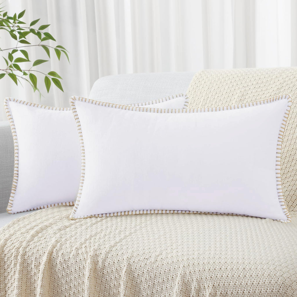 Decoruhome Chenille Soft Spring Throw Pillow Covers 12X20 Set Of 2, Lumbar Velvet Farmhouse Pillow Covers, Decorative Pillow Covers With Stitched Edge For Couch Sofa Bed, White