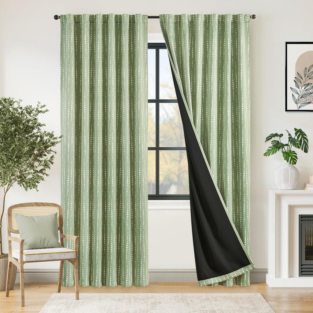 Jinchan 100% Blackout Boho Curtains Moon Phases Printed Bedroom Curtains 90 Inches Long Sage Green Drapes Rod Pocket Back Tab Thermal Insulated Curtains For Nursery Window Drapes Curtain Set 2 Panels