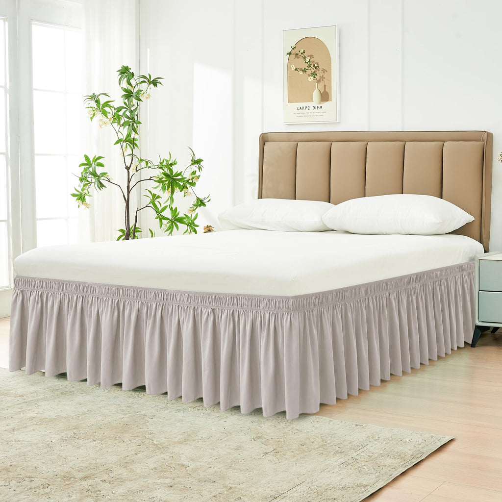 Biscaynebay Wrap Around Bed Skirts For Queen Beds 16' Drop, Camel Grey Adjustable Elastic Dust Ruffles Easy Fit Wrinkle Resistant Silky Luxurious Fabric Machine Washable