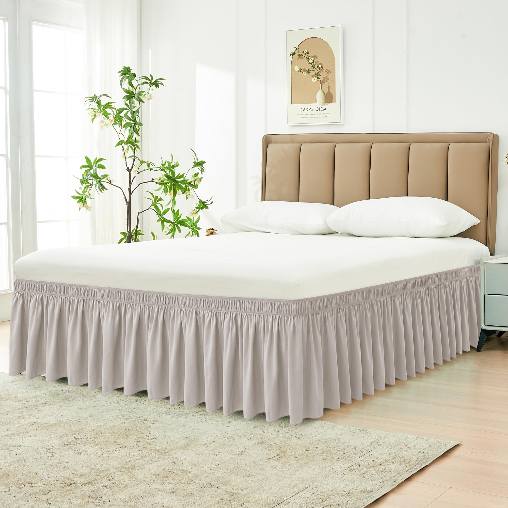 Biscaynebay Wrap Around Bed Skirts For Queen Beds 16' Drop, Camel Grey Adjustable Elastic Dust Ruffles Easy Fit Wrinkle Resistant Silky Luxurious Fabric Machine Washable