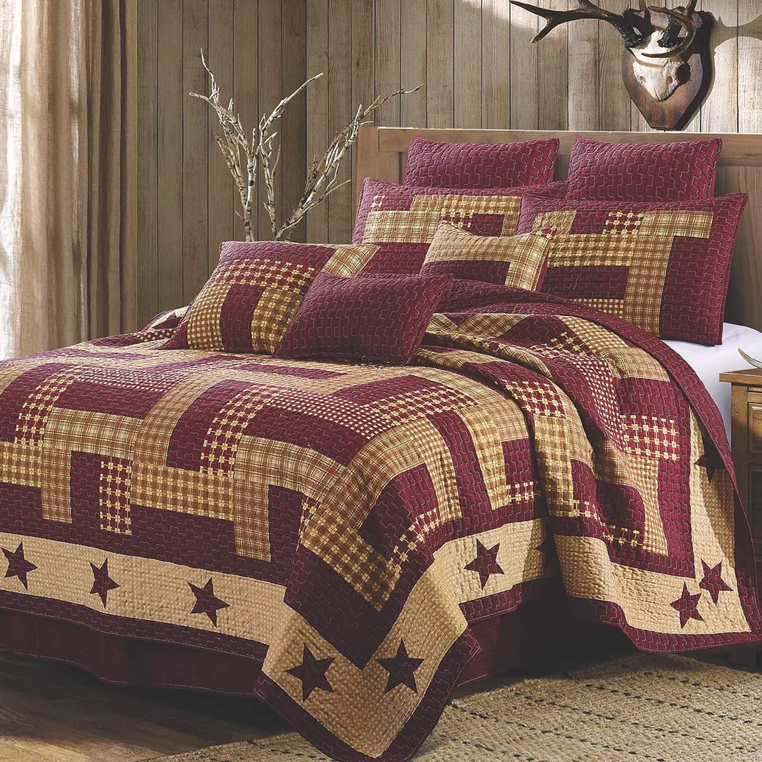 Virah Bella 3 Piece King Cabin Quilt Bedding Set - Homestead Red - Rustic Country Reversible Patchwork Comforter Set With Decora