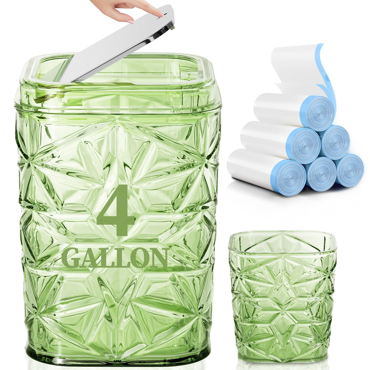 GENNICCI 2Piece SnowflakeTextured Acrylic Trash Can Set with 150 Drawstring Bags, 4 Gallon Sliver PressLid Wastebasket and Sm