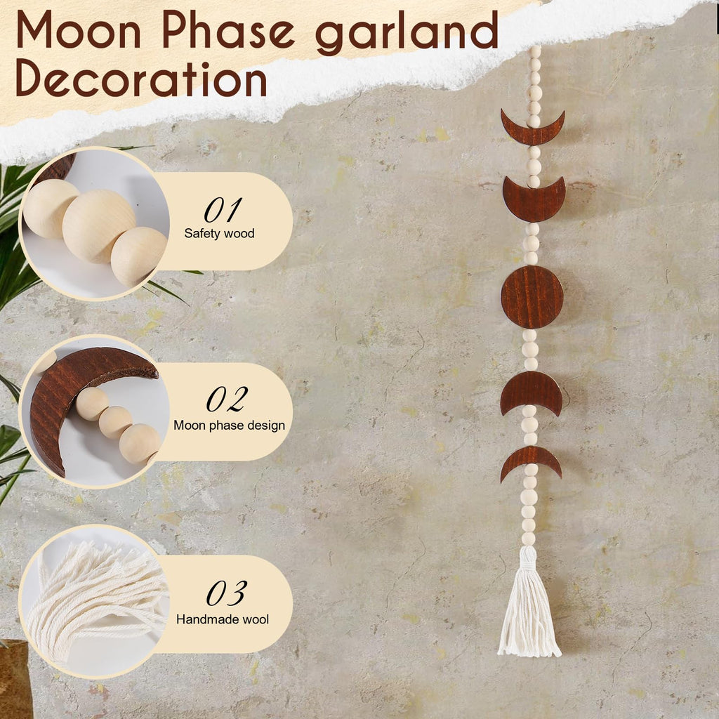 Ausicfen Moon Phase Wall Hanging Wood Beaded With Tassel,Phases Of The Moon,Boho Home Decor For Living Room Bedroom Office(Brown