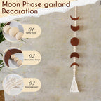Ausicfen Moon Phase Wall Hanging Wood Beaded With Tassel,Phases Of The Moon,Boho Home Decor For Living Room Bedroom Office(Brown