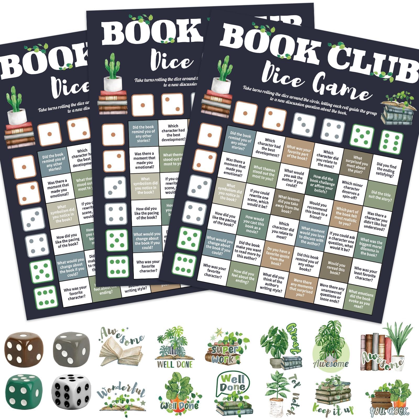 Qyeahkj 24 Set Book Club Dice Game Cards for Adults Reading Group Discussion Question Cards with Reward Stickers Book Review Dic
