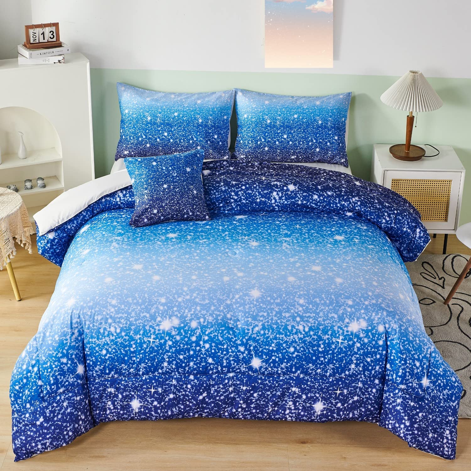 Rynghipy 6Pcs Gradient Aqua Blue Navy Ombre Comforter Sets With Sheets Pillowcases, Full Size Sparkle Glitter Design Comforter B
