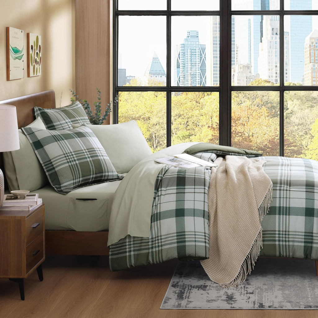 Maireve Full Size Comforter Set Olive Green, Plaid Design Comforter Set 7 Pieces, All Season Comfortable Bedding Sets Full, Ligh