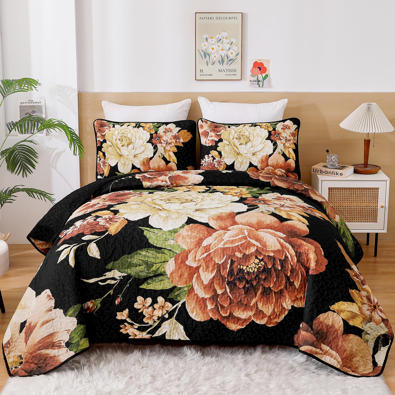 Wongs Bedding Black Boho Floral Quilt Set King, 3 Pieces Elegant Gold Flower Bedspread Coverlet Set For All Season With 2 Pillow